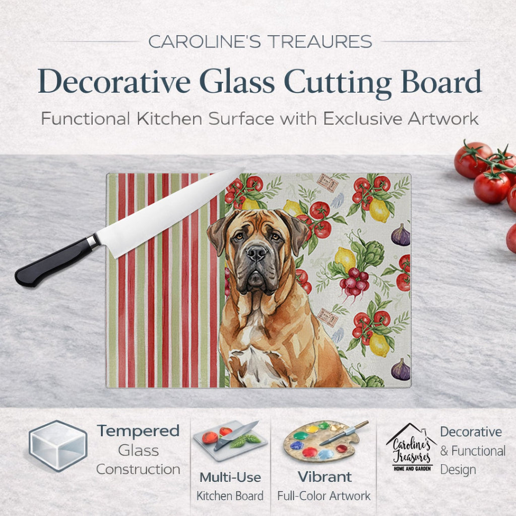 Neapolitan Mastiff Vegetables Cutting Board Tempered Glass Kitchen Cutting Surface, Heat Resistant Chopping, Non-Slip Feet, Food Prep & Serving