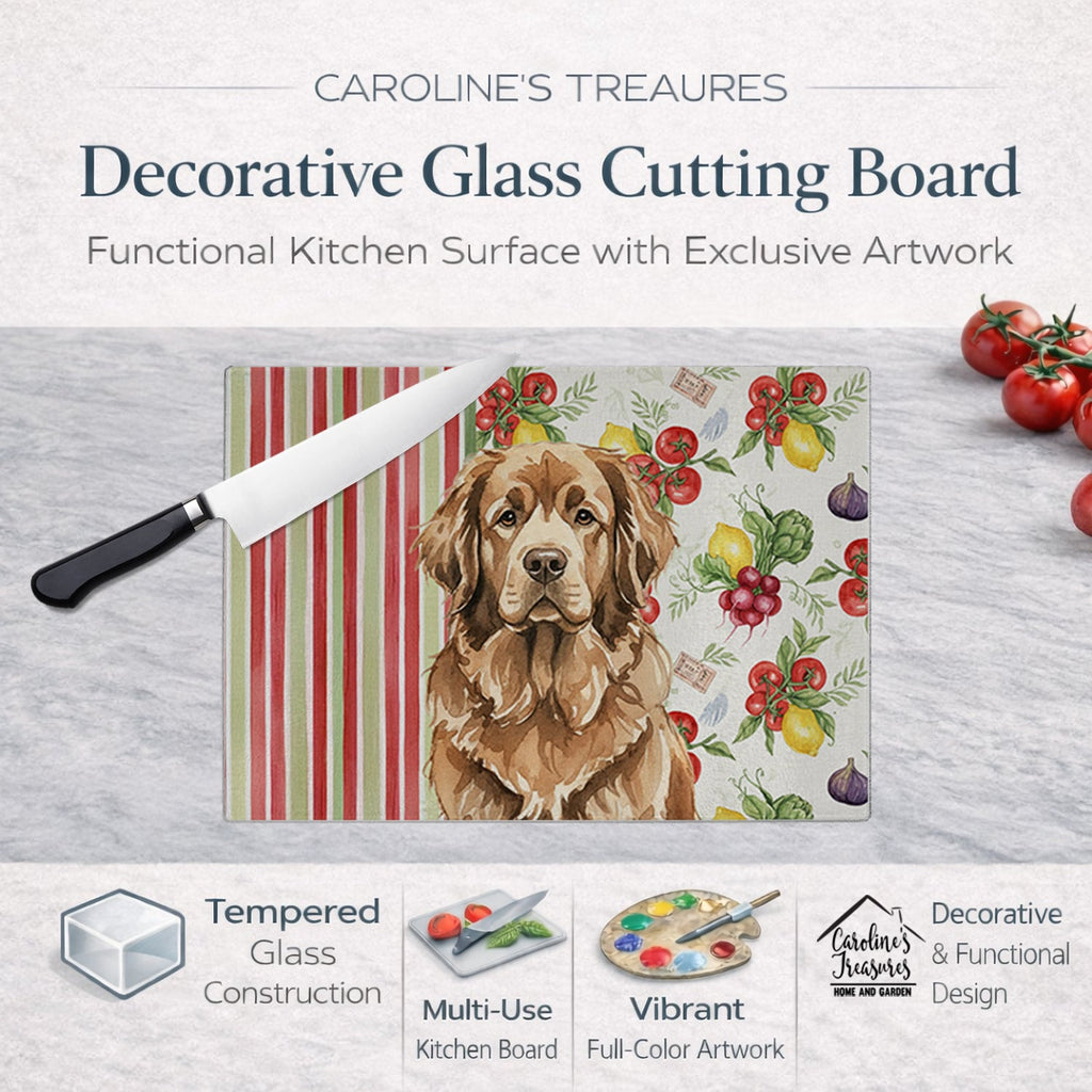 Brown Newfoundland Vegetables Cutting Board Tempered Glass Kitchen Cutting Surface, Heat Resistant Chopping, Non-Slip Feet, Food Prep & Serving