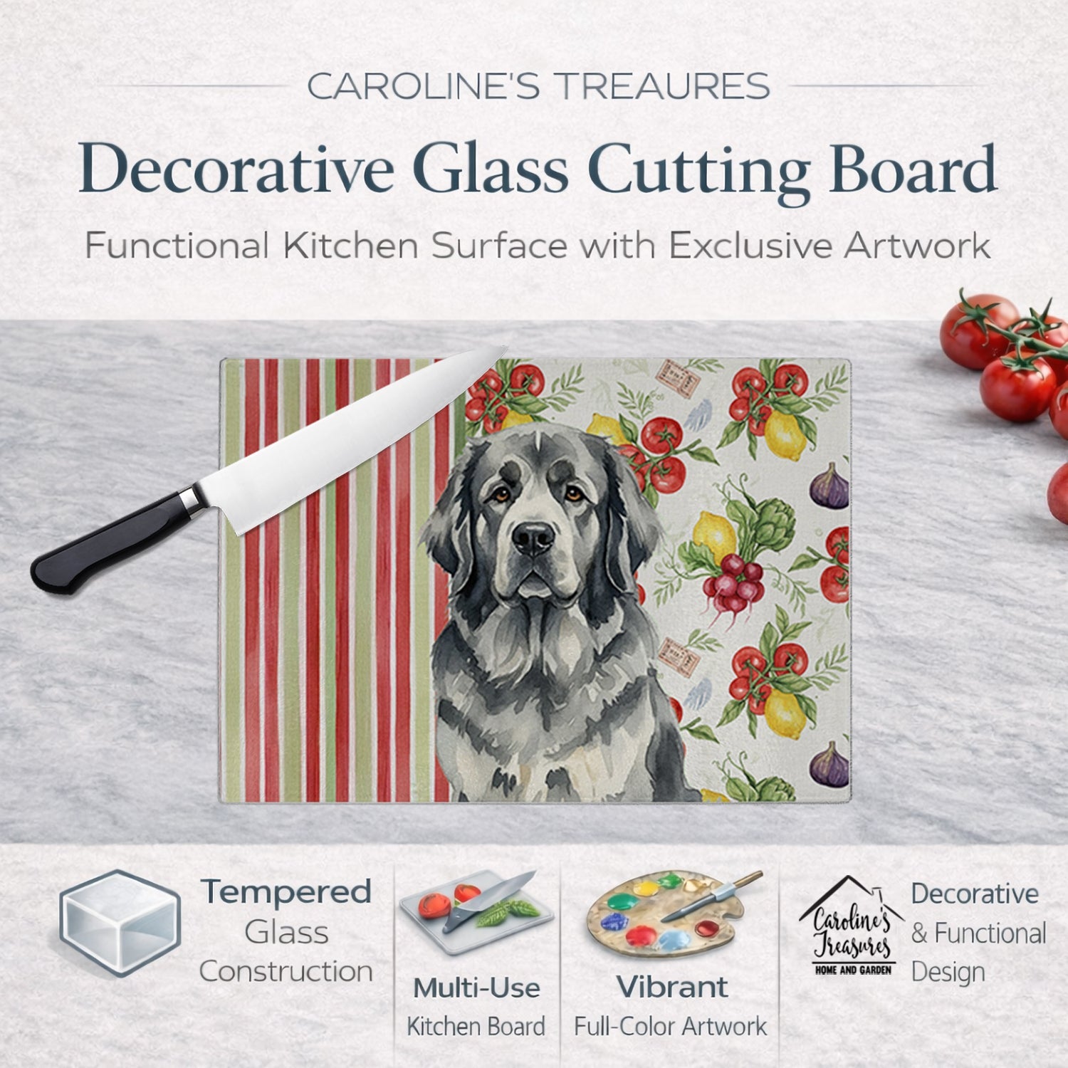 Gray Newfoundland Vegetables Cutting Board Tempered Glass Kitchen Cutting Surface, Heat Resistant Chopping, Non-Slip Feet, Food Prep & Serving