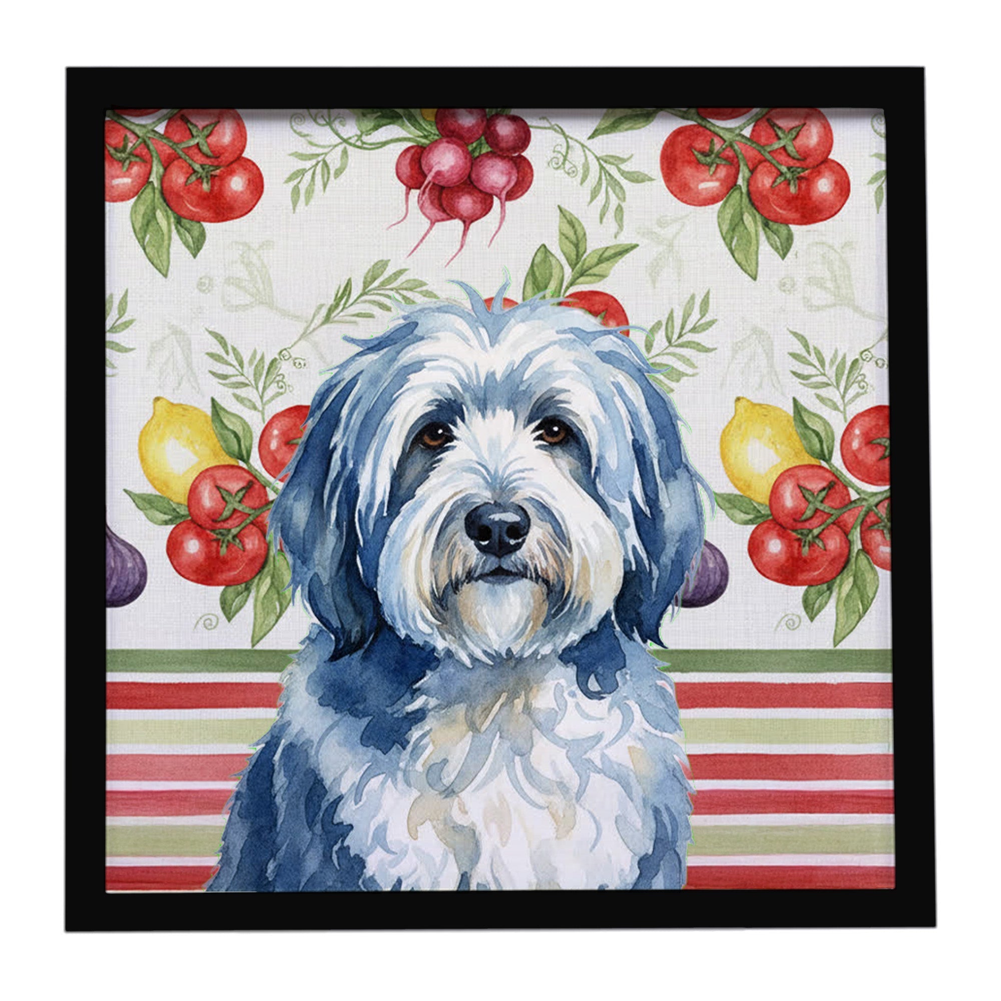 Blue and White Old English Sheepdog Vegetables Framed Metal Print Bathroom, Kitchen, Office, Home Decor Wall Art Ready to Hang, Square, 8X8