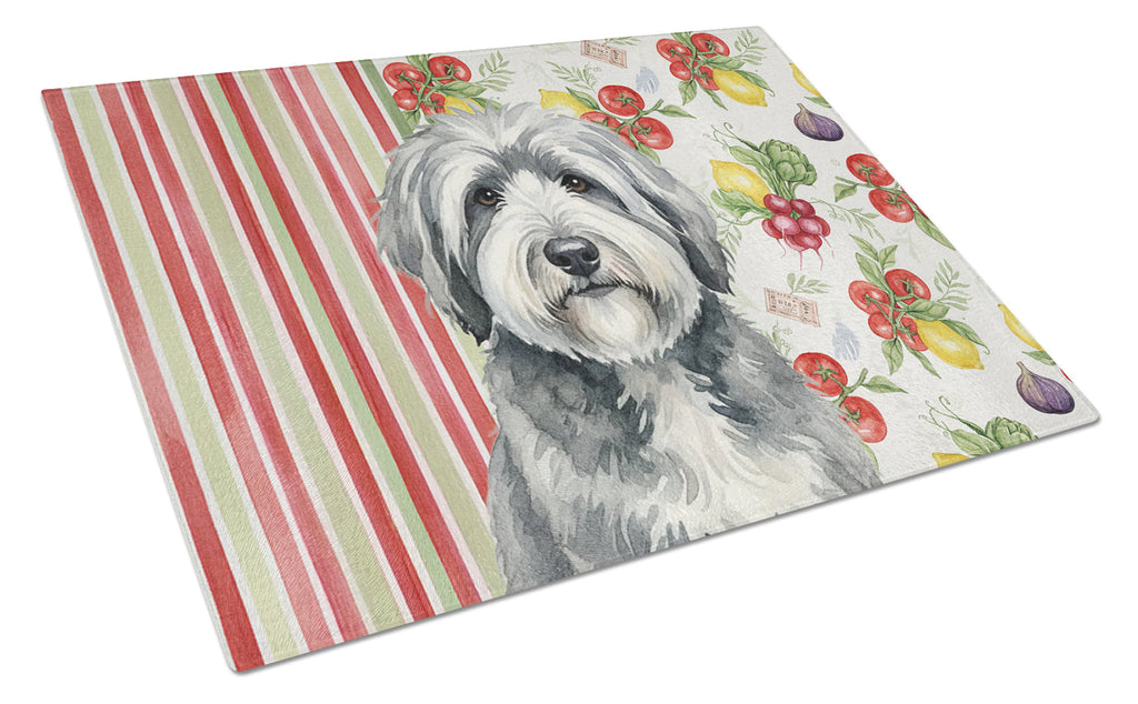 Gray and White Old English Sheepdog Vegetables Cutting Board Tempered Glass Kitchen Cutting Surface, Heat Resistant Chopping, Non-Slip Feet, Food Prep & Serving