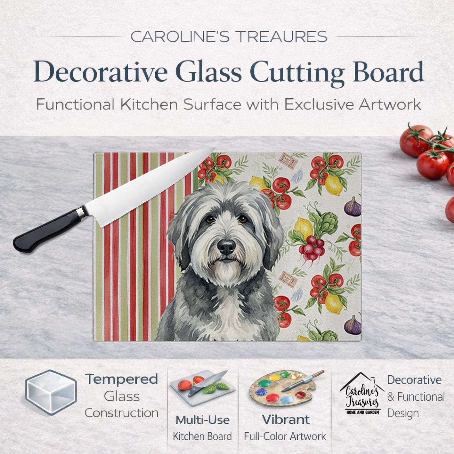 Gray and White Old English Sheepdog Vegetables Cutting Board Tempered Glass Kitchen Cutting Surface, Heat Resistant Chopping, Non-Slip Feet, Food Prep & Serving