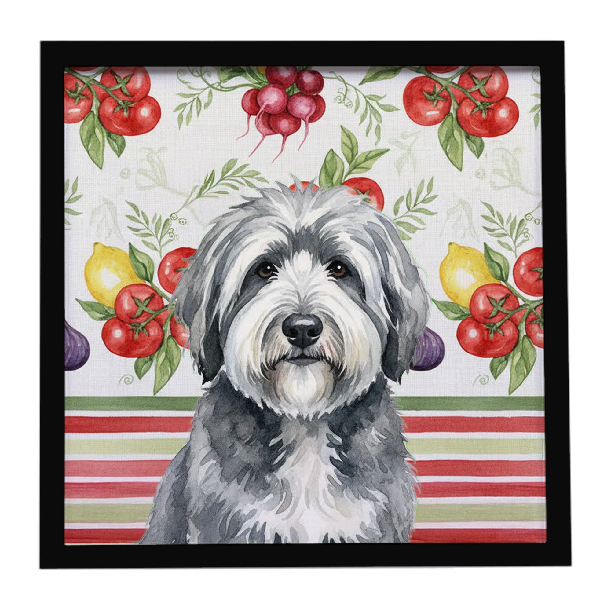 Gray and White Old English Sheepdog Vegetables Framed Metal Print Bathroom, Kitchen, Office, Home Decor Wall Art Ready to Hang, Square, 8X8