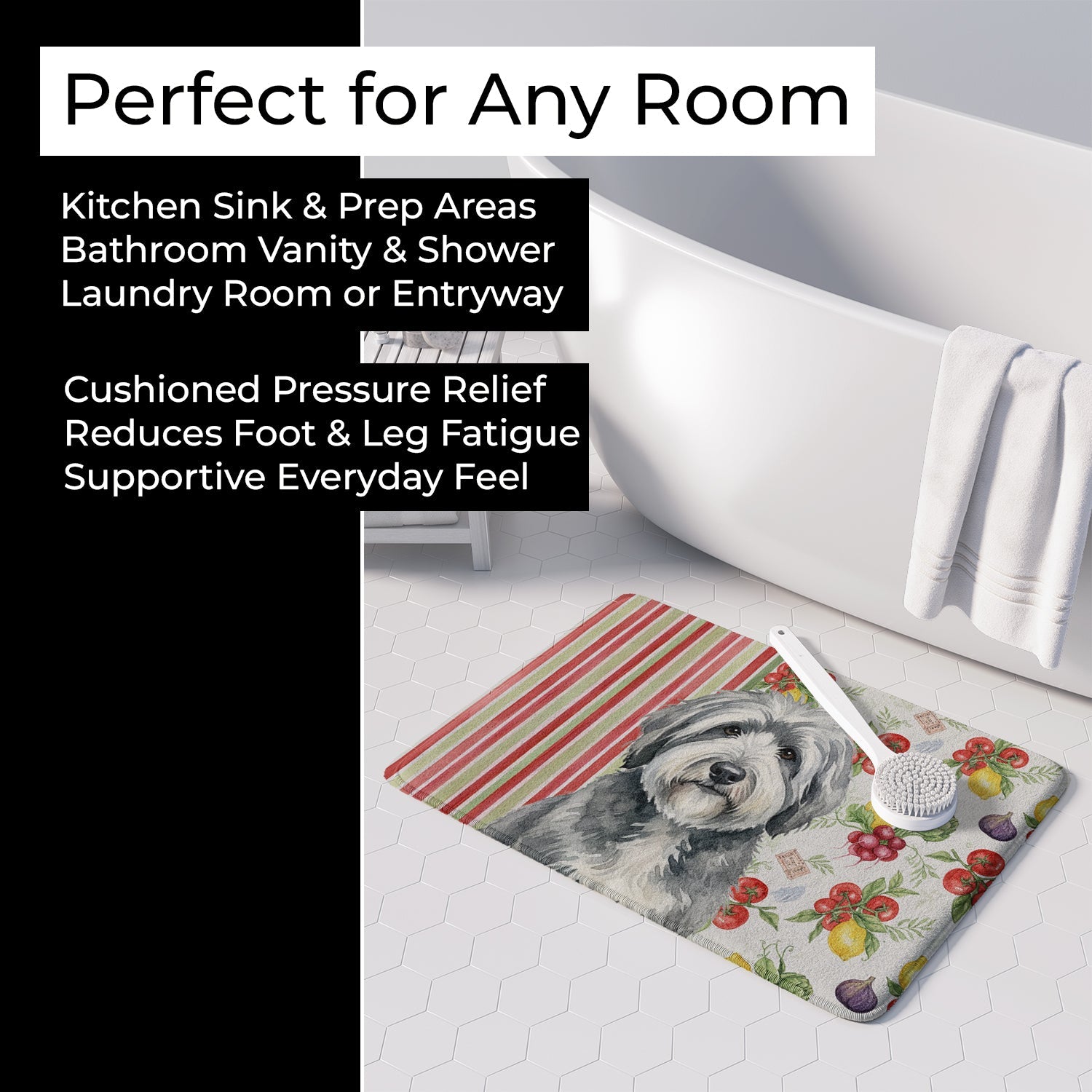 Gray and White Old English Sheepdog Vegetables Memory Foam Kitchen Mat Machine Washable Anti-Fatigue Cushion Comfort Bath or Kitchen Rug