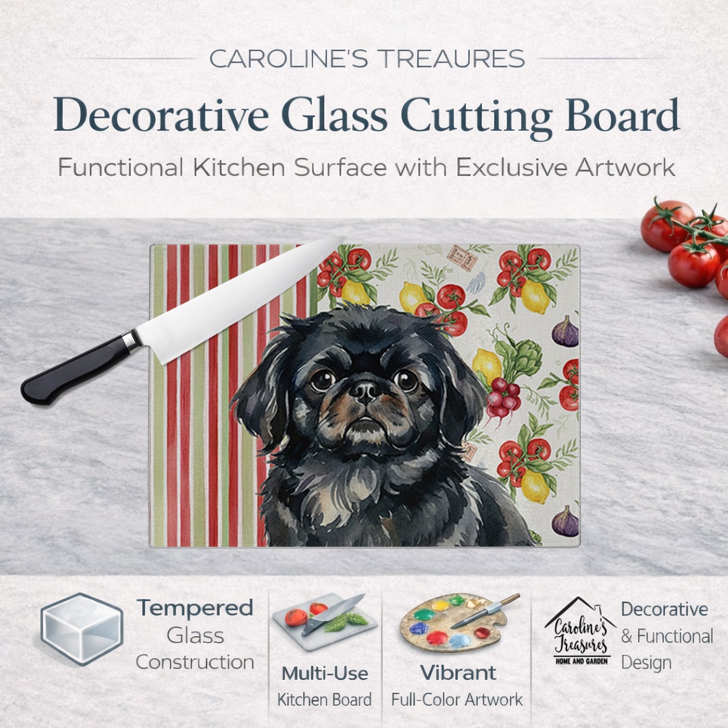 Black Pekingese Vegetables Cutting Board Tempered Glass Kitchen Cutting Surface, Heat Resistant Chopping, Non-Slip Feet, Food Prep & Serving