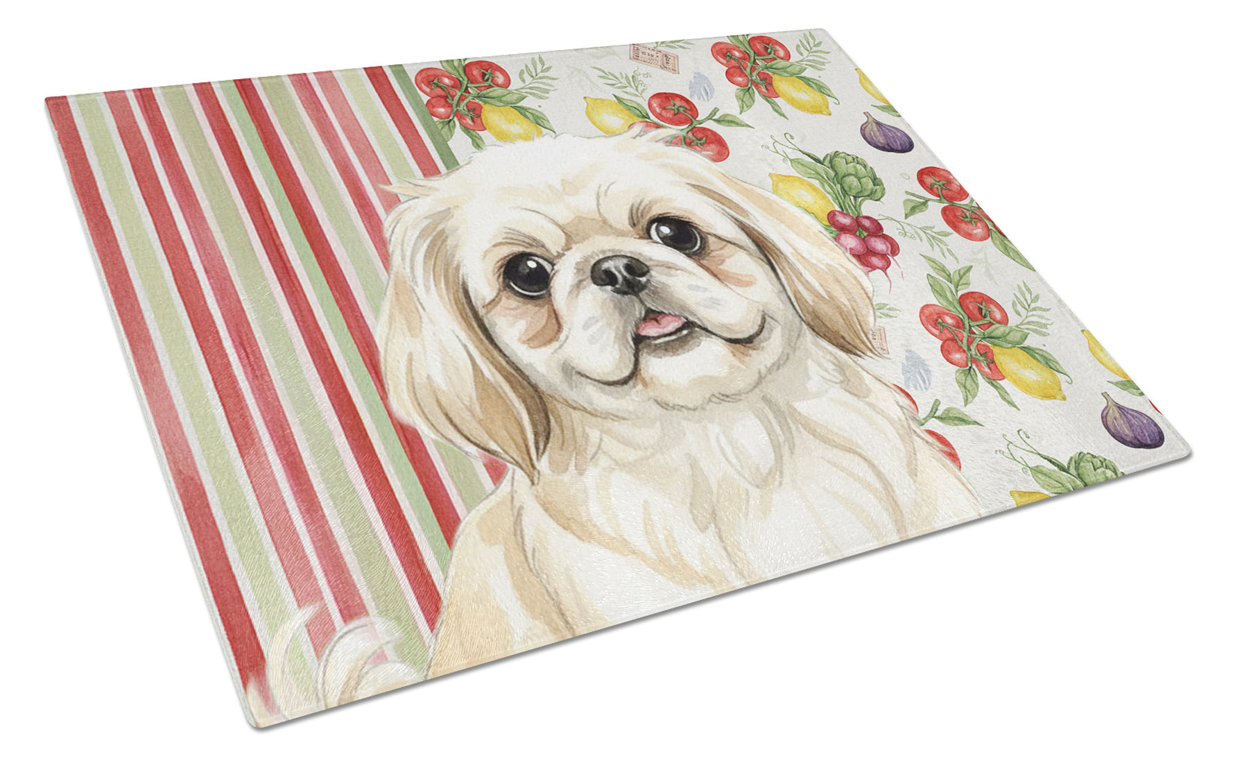 Cream Pekingese Vegetables Cutting Board Tempered Glass Kitchen Cutting Surface, Heat Resistant Chopping, Non-Slip Feet, Food Prep & Serving