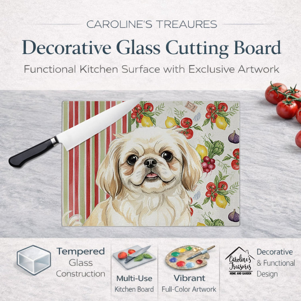 Cream Pekingese Vegetables Cutting Board Tempered Glass Kitchen Cutting Surface, Heat Resistant Chopping, Non-Slip Feet, Food Prep & Serving