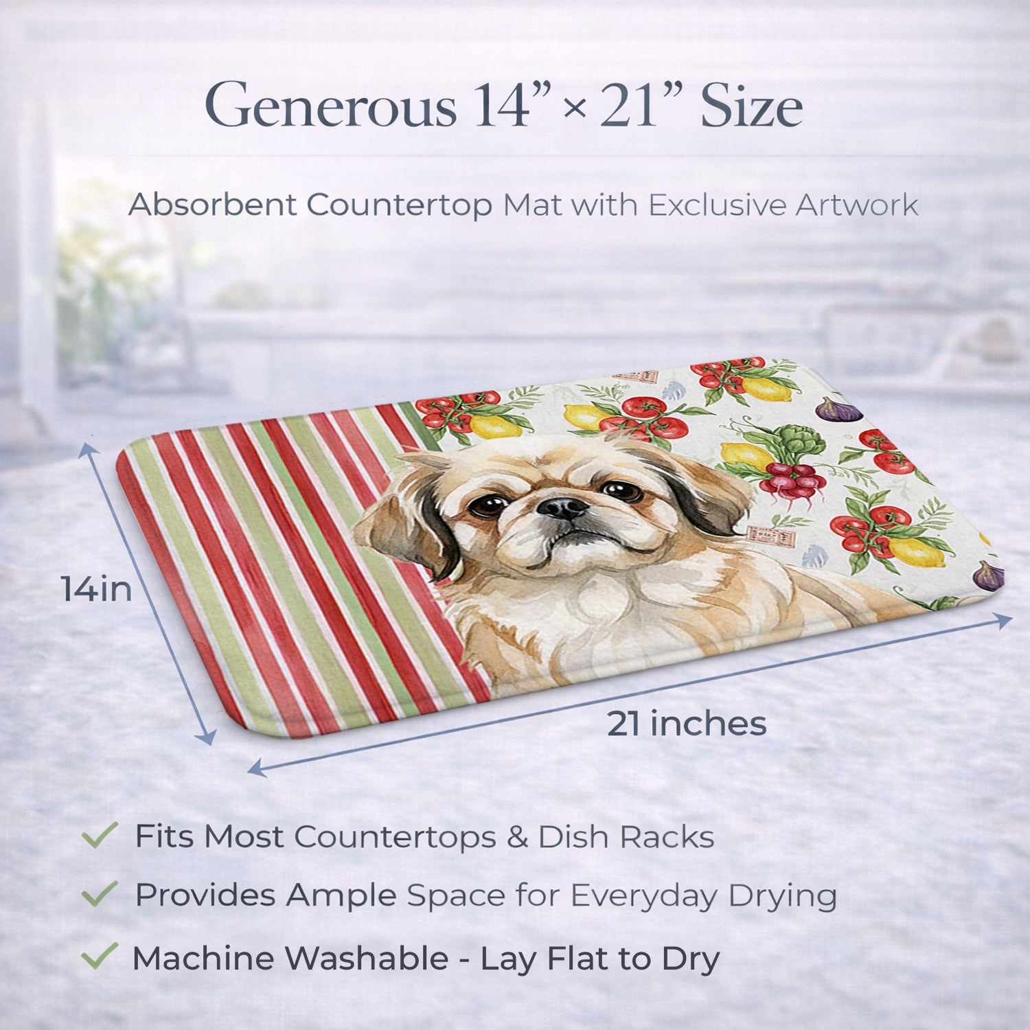 Fawn Pekingese Vegetables Dish Drying Mat Absorbent Dish Drying Mat Pad for Kitchen Counter Dish Drainer Mat for Countertop, 14 x 21", Multicolor