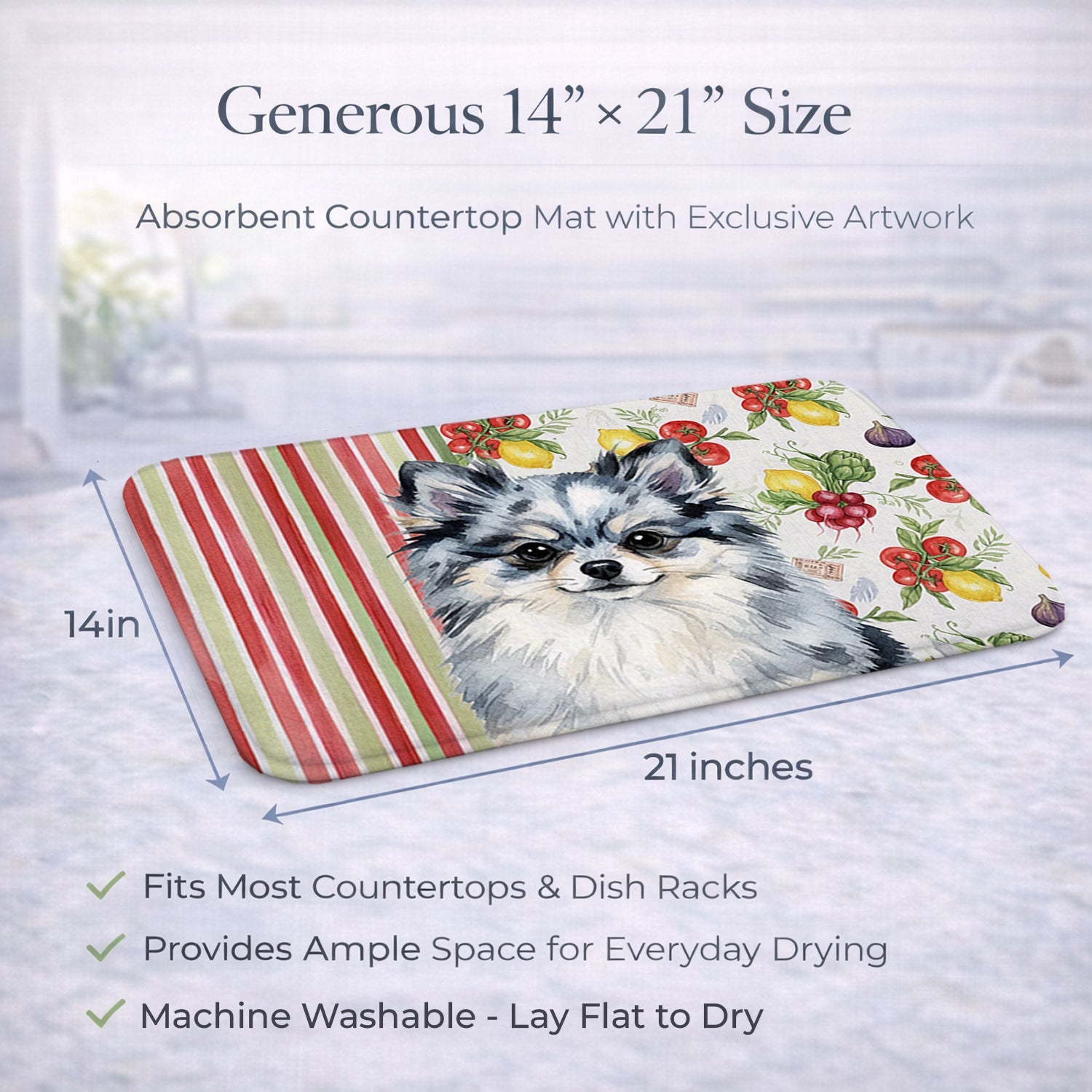 Blue Merle Pomeranian Vegetables Dish Drying Mat Absorbent Dish Drying Mat Pad for Kitchen Counter Dish Drainer Mat for Countertop, 14 x 21", Multicolor