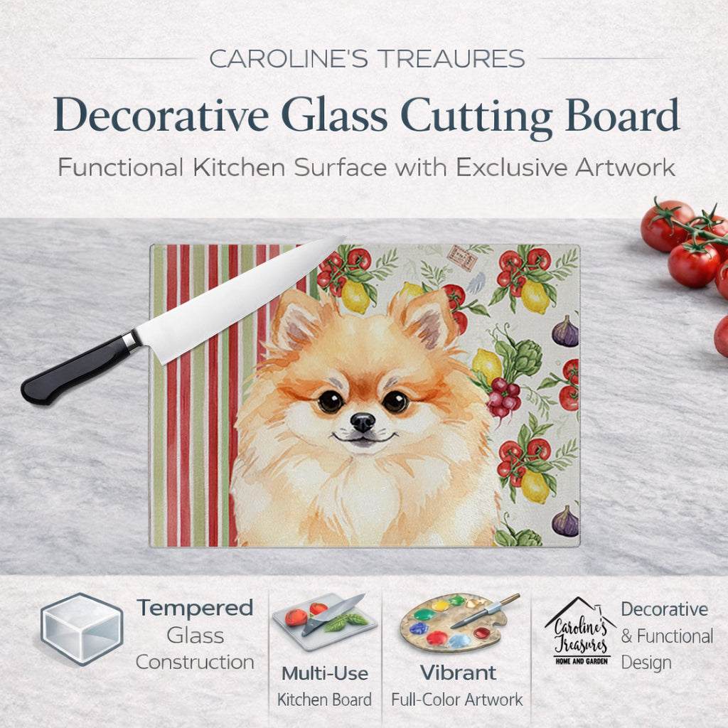 Pomeranian Vegetables Cutting Board Tempered Glass Kitchen Cutting Surface, Heat Resistant Chopping, Non-Slip Feet, Food Prep & Serving
