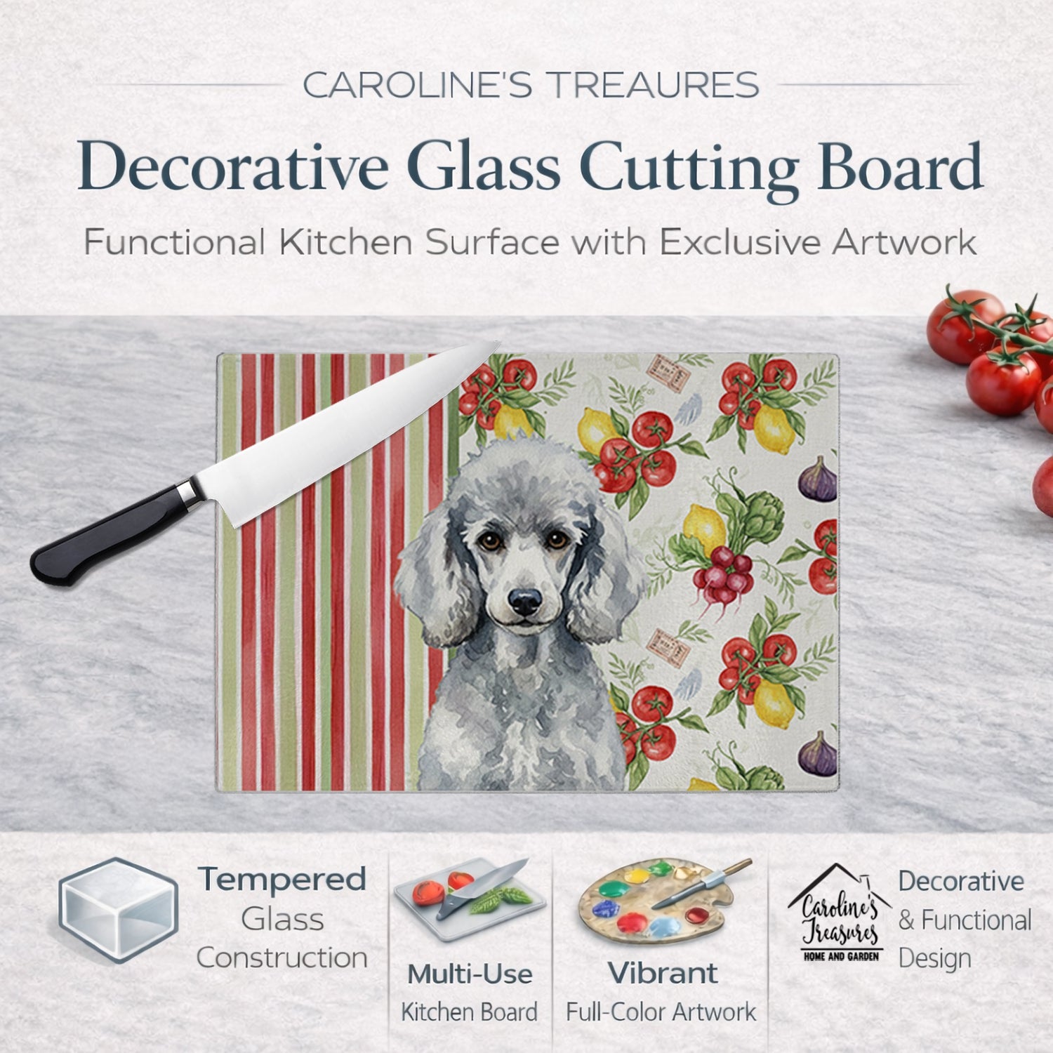 Standard Silver Poodle Vegetables Cutting Board Tempered Glass Kitchen Cutting Surface, Heat Resistant Chopping, Non-Slip Feet, Food Prep & Serving
