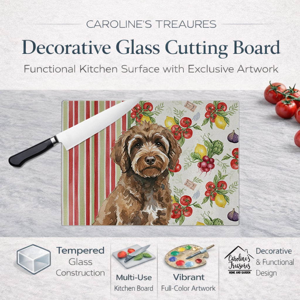 Brown Portuguese Water Dog Vegetables Cutting Board Tempered Glass Kitchen Cutting Surface, Heat Resistant Chopping, Non-Slip Feet, Food Prep & Serving