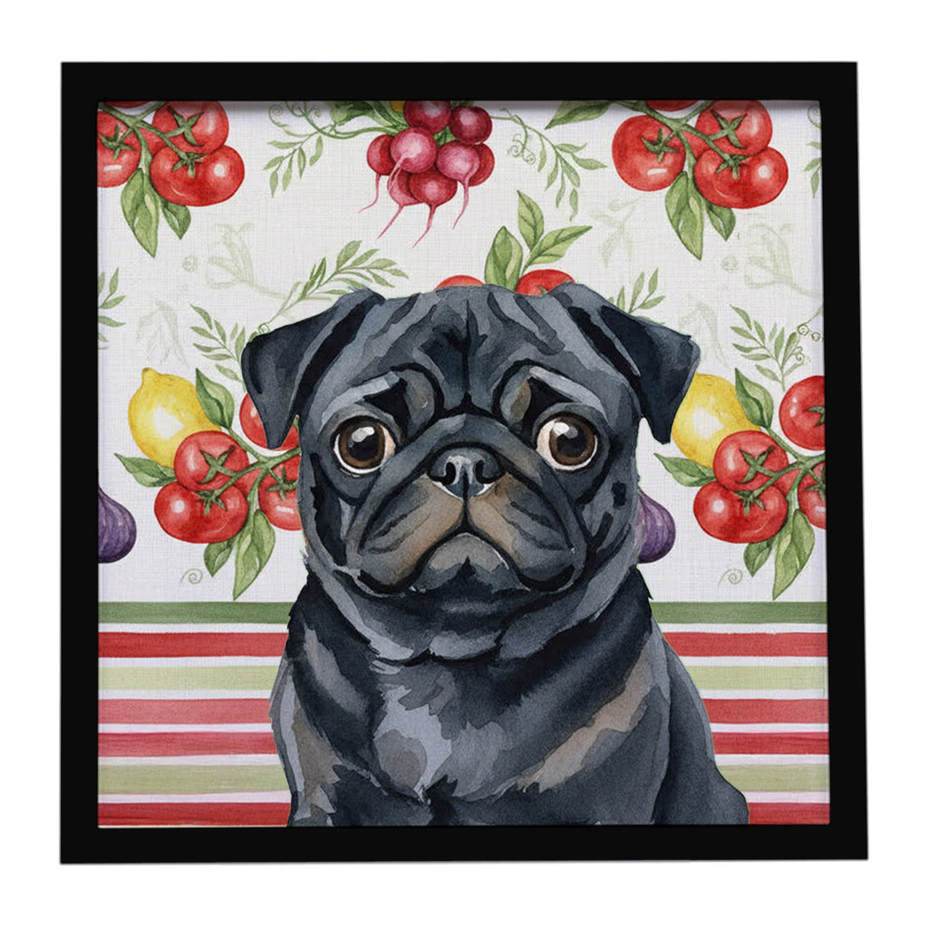 Black Pug Vegetables Framed Metal Print Bathroom, Kitchen, Office, Home Decor Wall Art Ready to Hang, Square, 8X8