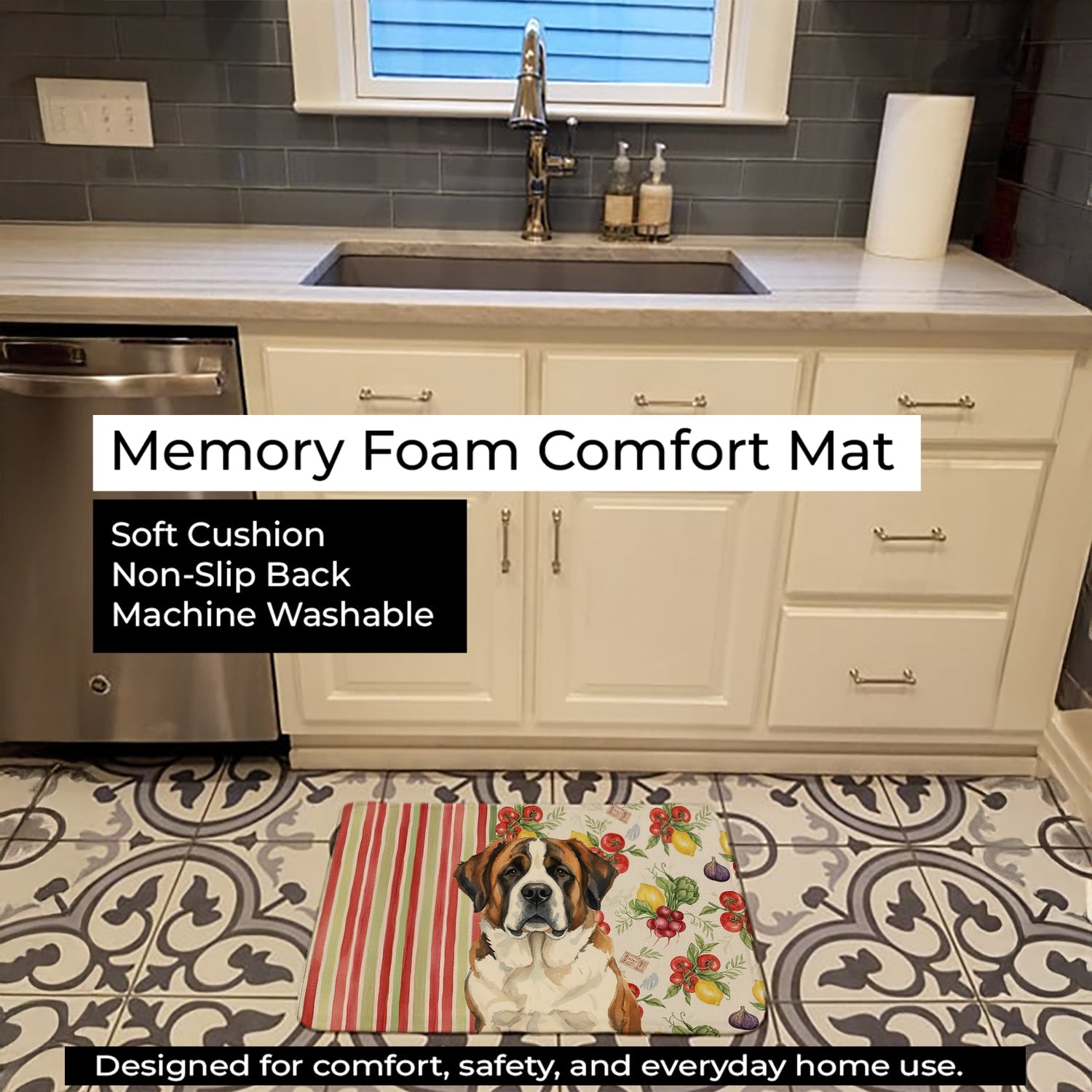 Brindle and White Saint Bernard Vegetables Memory Foam Kitchen Mat Machine Washable Anti-Fatigue Cushion Comfort Bath or Kitchen Rug