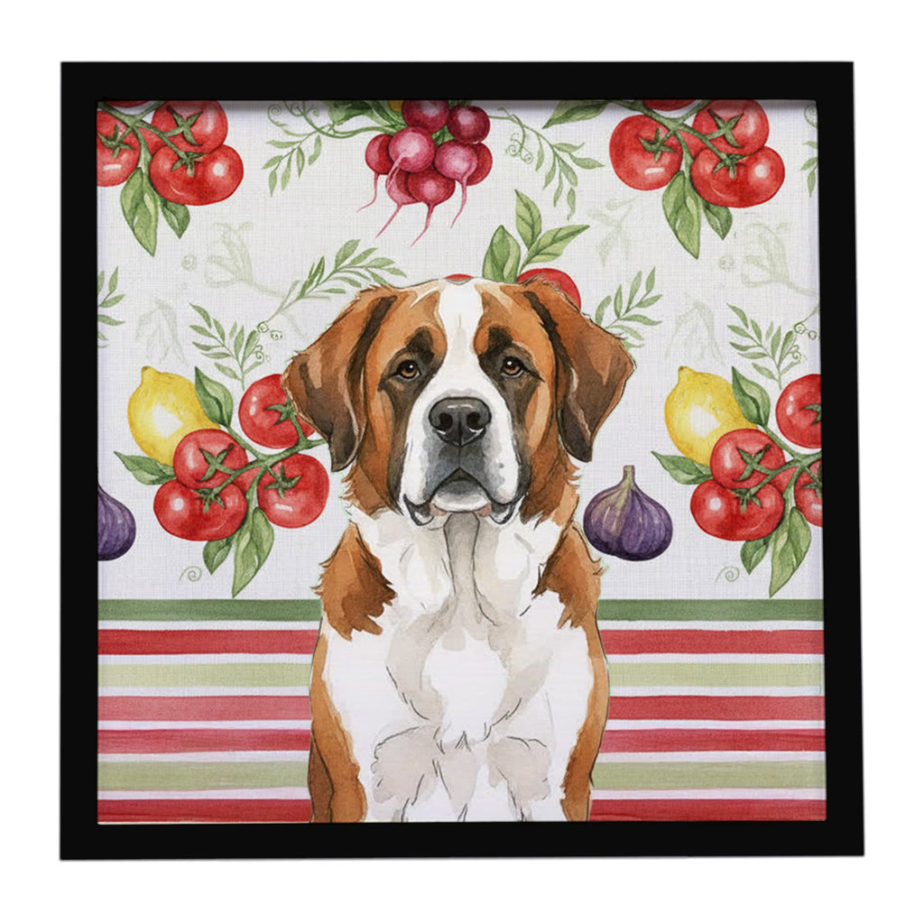 Brown and White Saint Bernard Vegetables Framed Metal Print Bathroom, Kitchen, Office, Home Decor Wall Art Ready to Hang, Square, 8X8