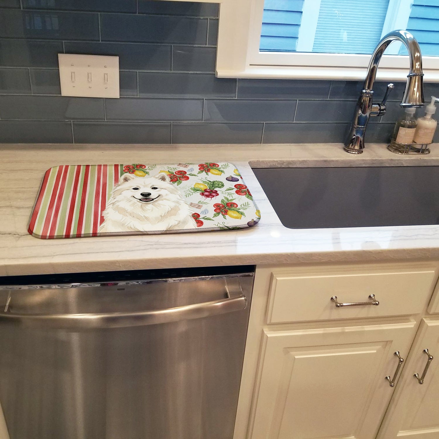 Cream Samoyed Vegetables Dish Drying Mat Absorbent Dish Drying Mat Pad for Kitchen Counter Dish Drainer Mat for Countertop, 14 x 21", Multicolor