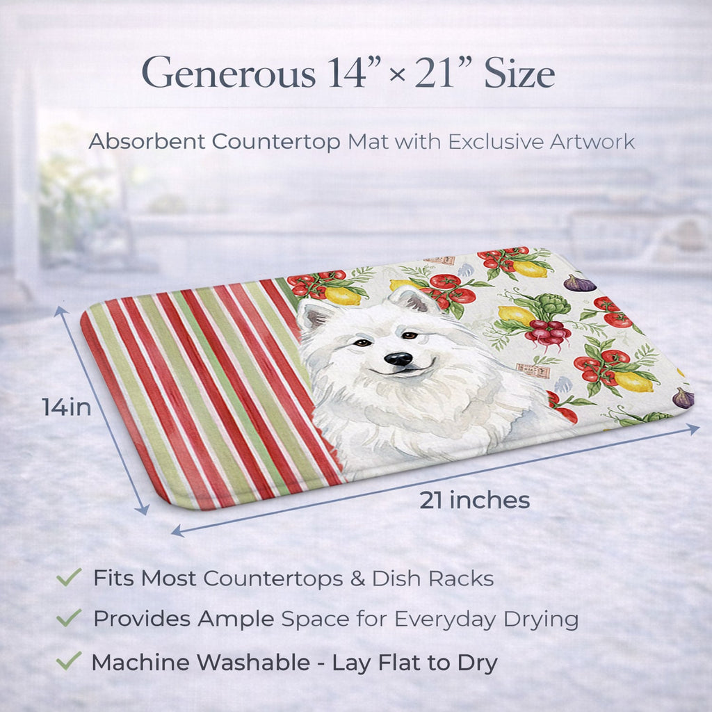 White Samoyed Vegetables Dish Drying Mat Absorbent Dish Drying Mat Pad for Kitchen Counter Dish Drainer Mat for Countertop, 14 x 21", Multicolor