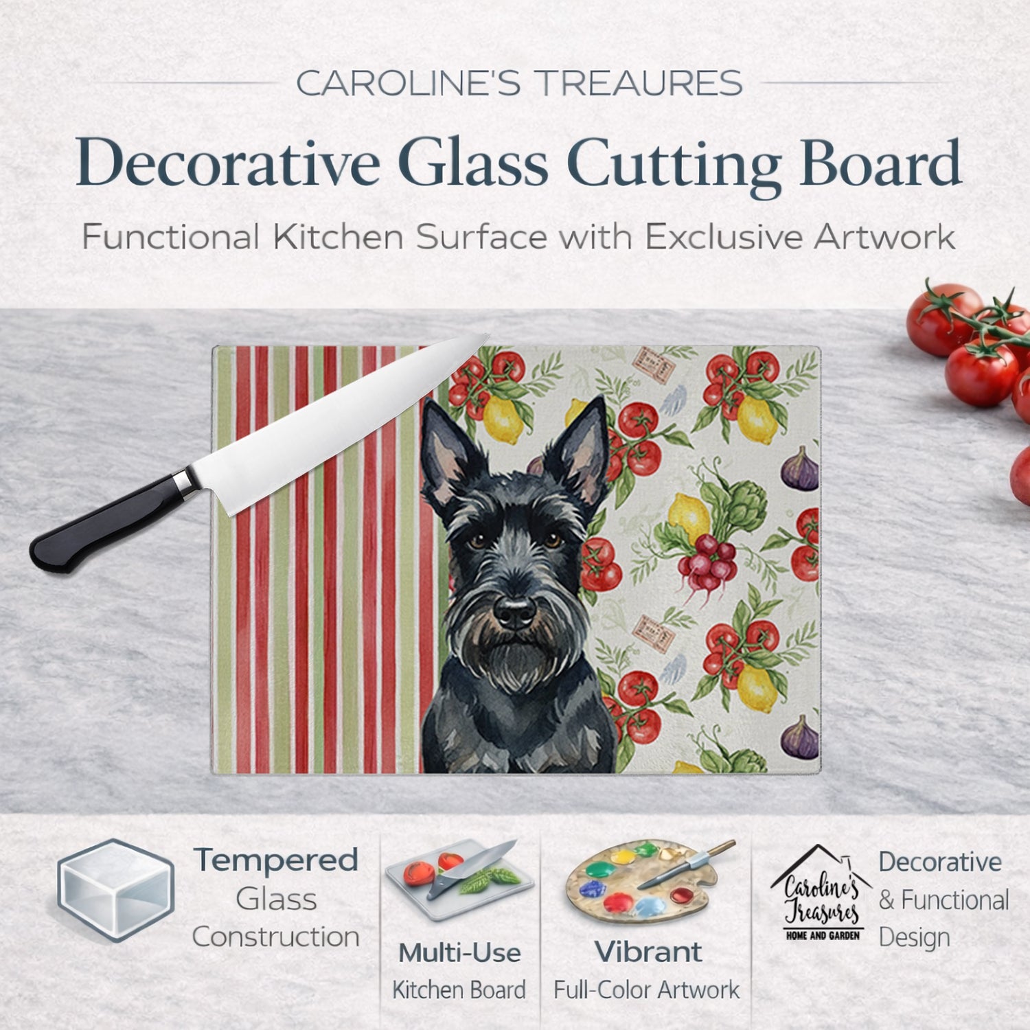 Scottish Terrier Vegetables Cutting Board Tempered Glass Kitchen Cutting Surface, Heat Resistant Chopping, Non-Slip Feet, Food Prep & Serving