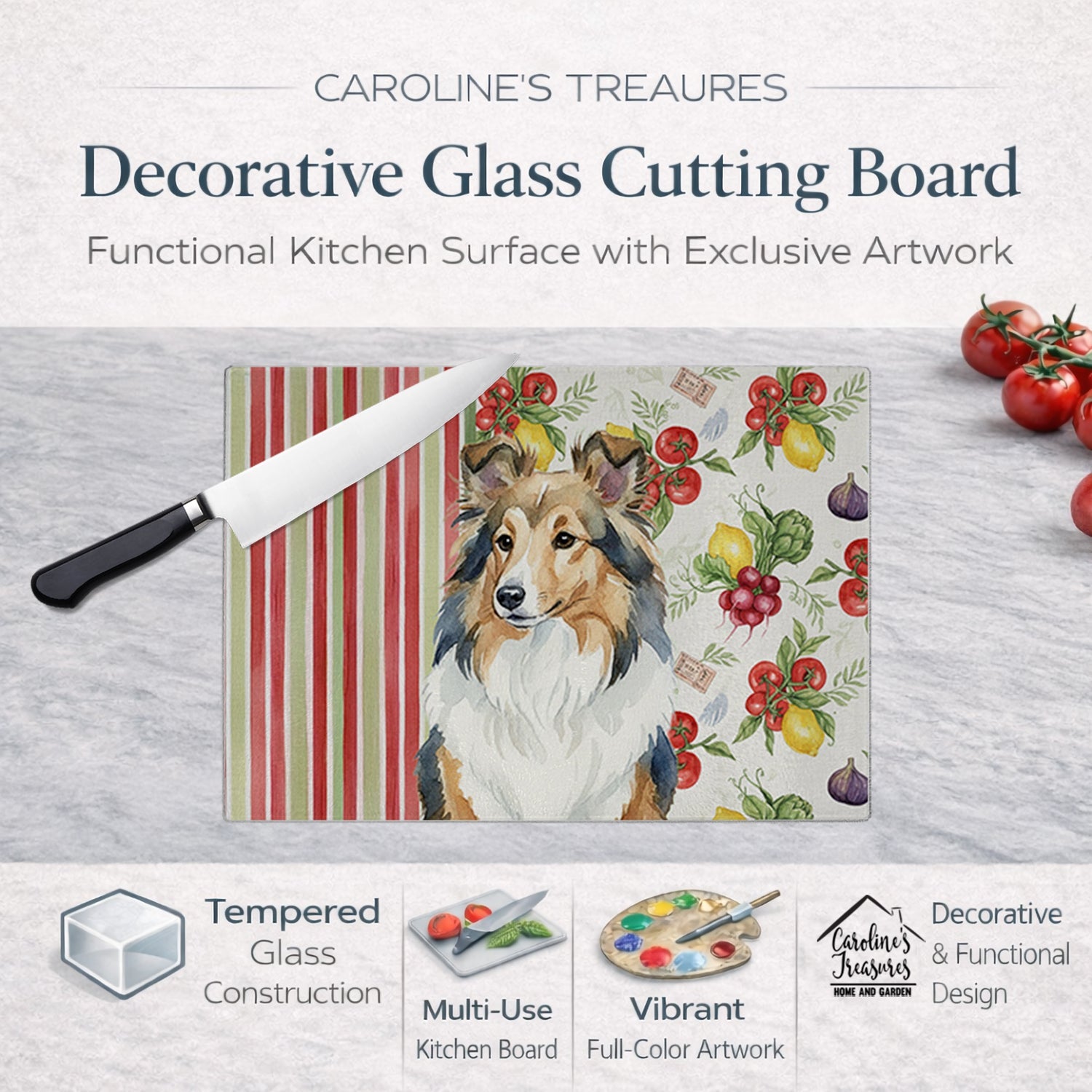 Sable Sheltie Vegetables Cutting Board Tempered Glass Kitchen Cutting Surface, Heat Resistant Chopping, Non-Slip Feet, Food Prep & Serving