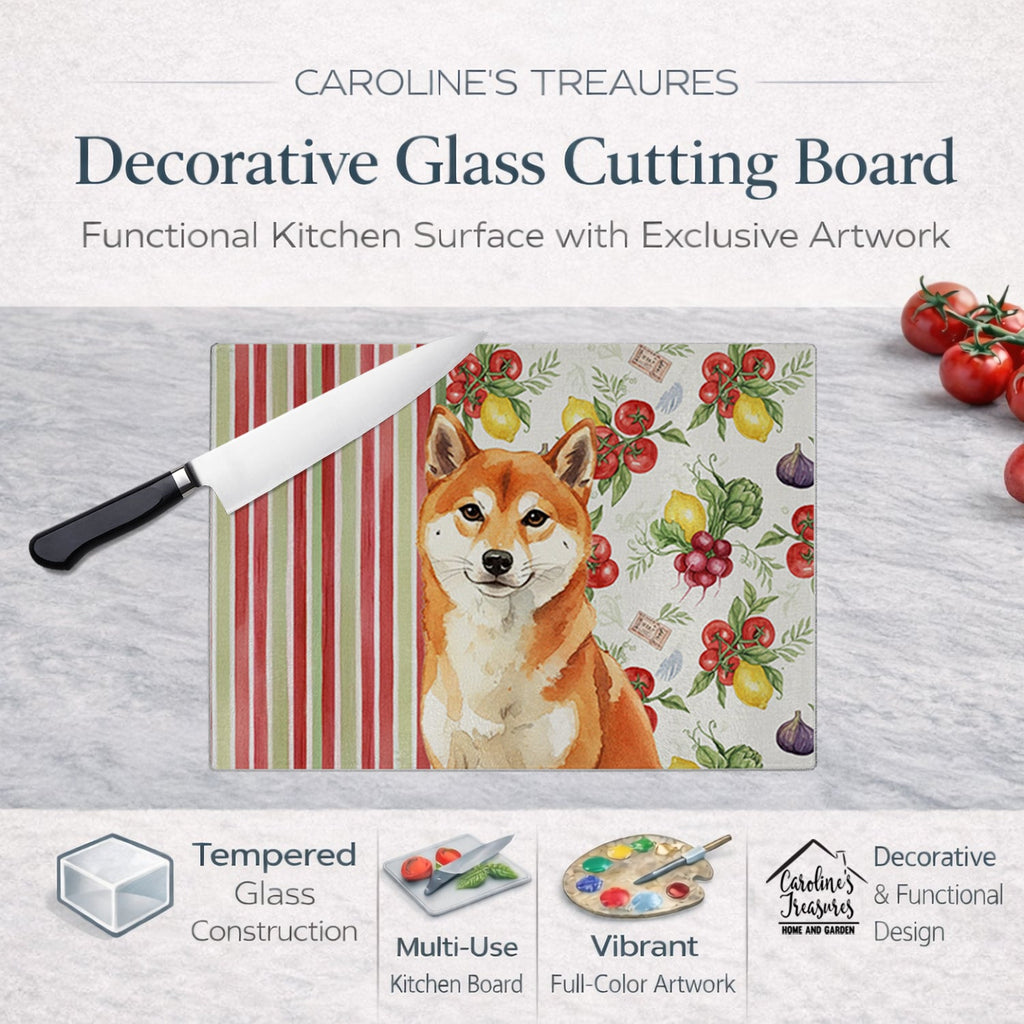 Red Shiba Inu Vegetables Cutting Board Tempered Glass Kitchen Cutting Surface, Heat Resistant Chopping, Non-Slip Feet, Food Prep & Serving