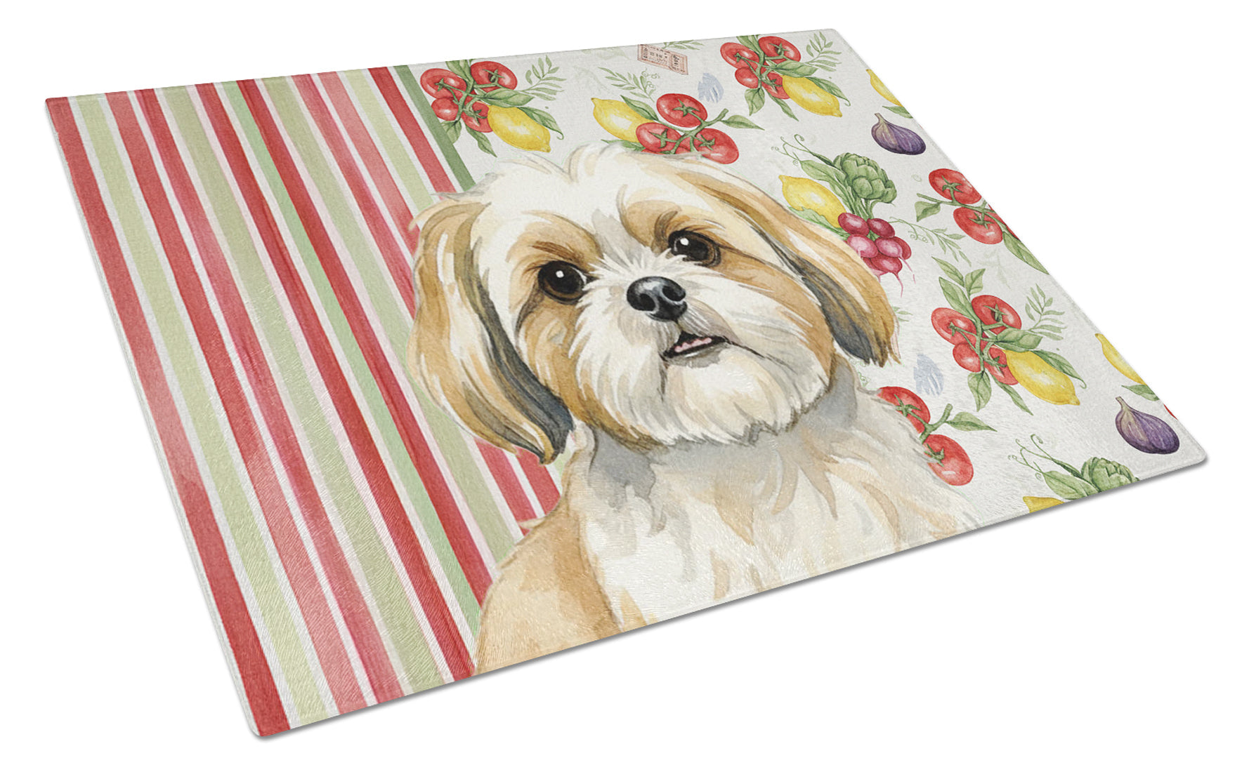 Gold and White Shih Tzu Vegetables Cutting Board Tempered Glass Kitchen Cutting Surface, Heat Resistant Chopping, Non-Slip Feet, Food Prep & Serving