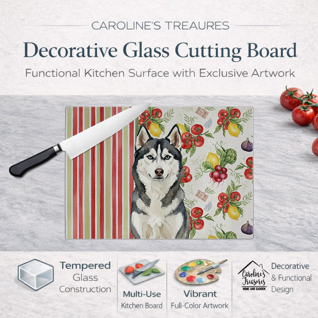 Siberian Husky Vegetables Cutting Board Tempered Glass Kitchen Cutting Surface, Heat Resistant Chopping, Non-Slip Feet, Food Prep & Serving