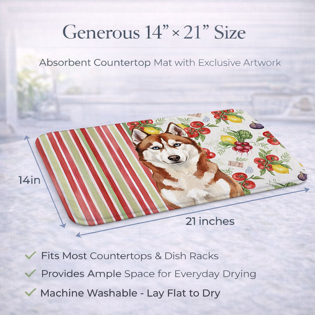 Red and White Siberian Husky Vegetables Dish Drying Mat Absorbent Dish Drying Mat Pad for Kitchen Counter Dish Drainer Mat for Countertop, 14 x 21", Multicolor
