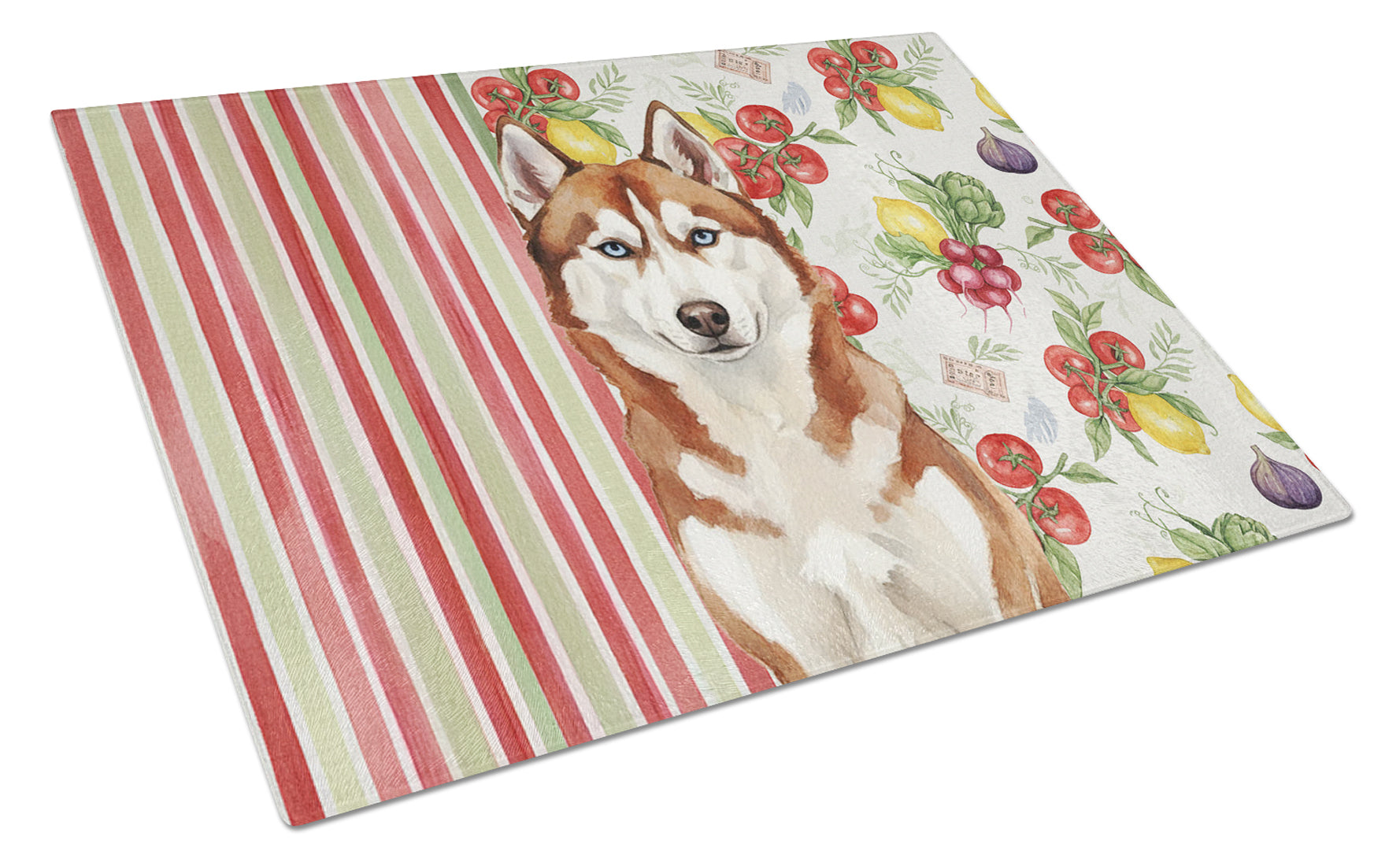Red and White Siberian Husky Vegetables Cutting Board Tempered Glass Kitchen Cutting Surface, Heat Resistant Chopping, Non-Slip Feet, Food Prep & Serving