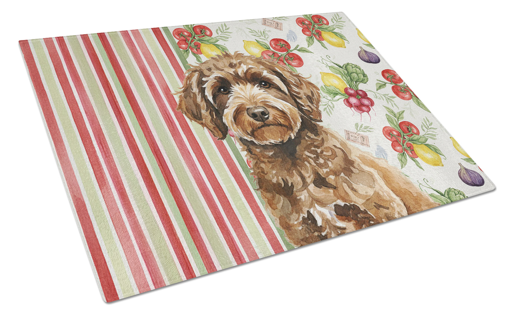 Spanish Water Dog Vegetables Cutting Board Tempered Glass Kitchen Cutting Surface, Heat Resistant Chopping, Non-Slip Feet, Food Prep & Serving