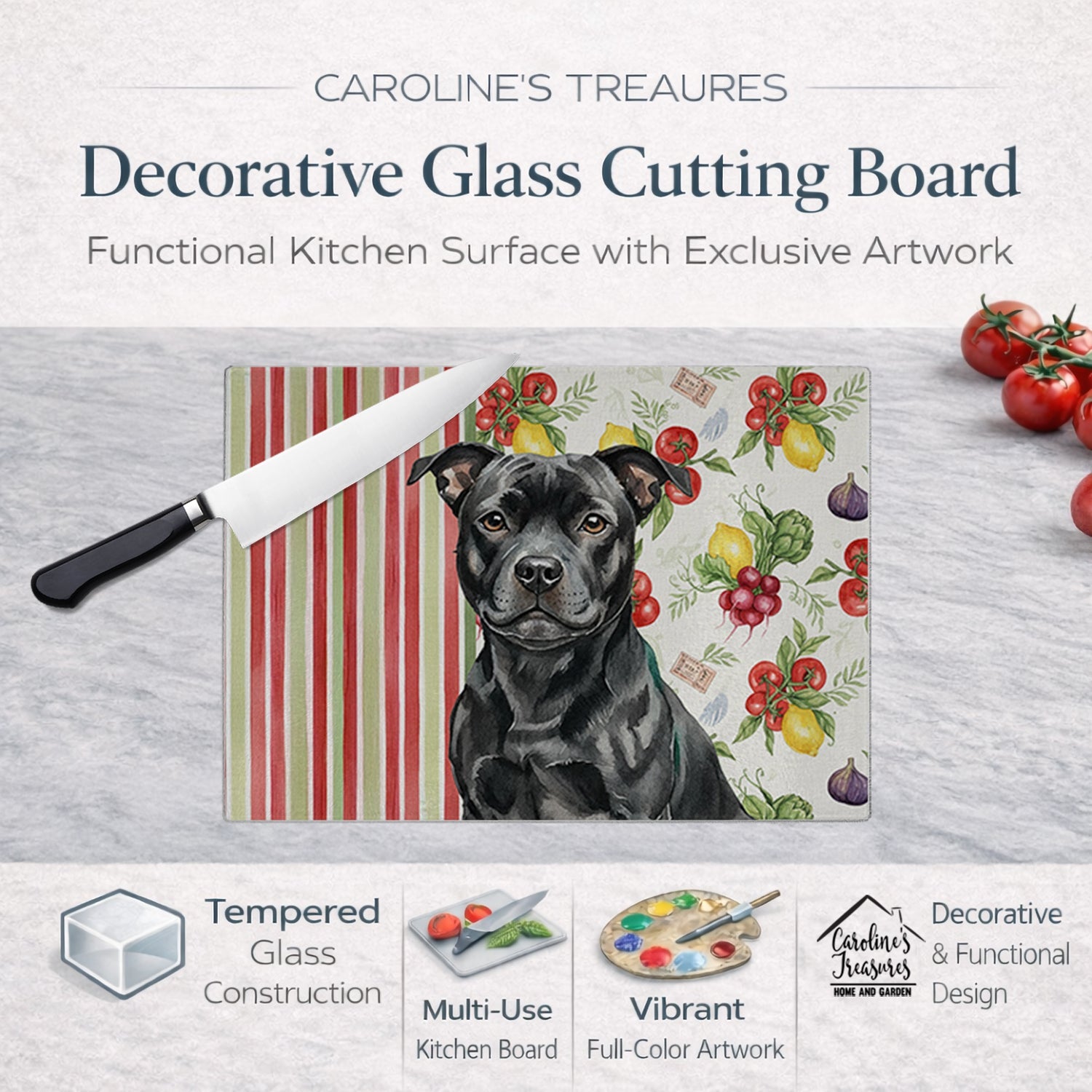 Black Staffordshire Bull Terrier Vegetables Cutting Board Tempered Glass Kitchen Cutting Surface, Heat Resistant Chopping, Non-Slip Feet, Food Prep & Serving