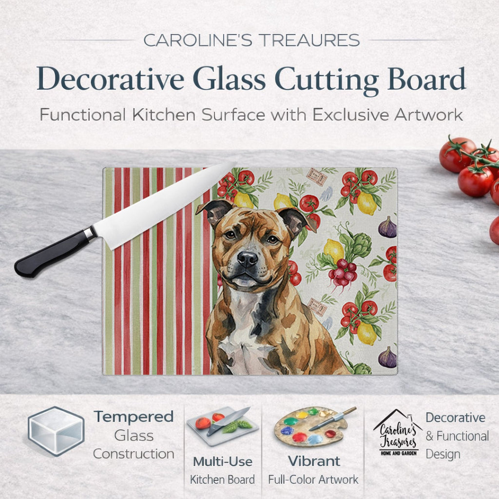 Brindle Staffordshire Bull Terrier Vegetables Cutting Board Tempered Glass Kitchen Cutting Surface, Heat Resistant Chopping, Non-Slip Feet, Food Prep & Serving