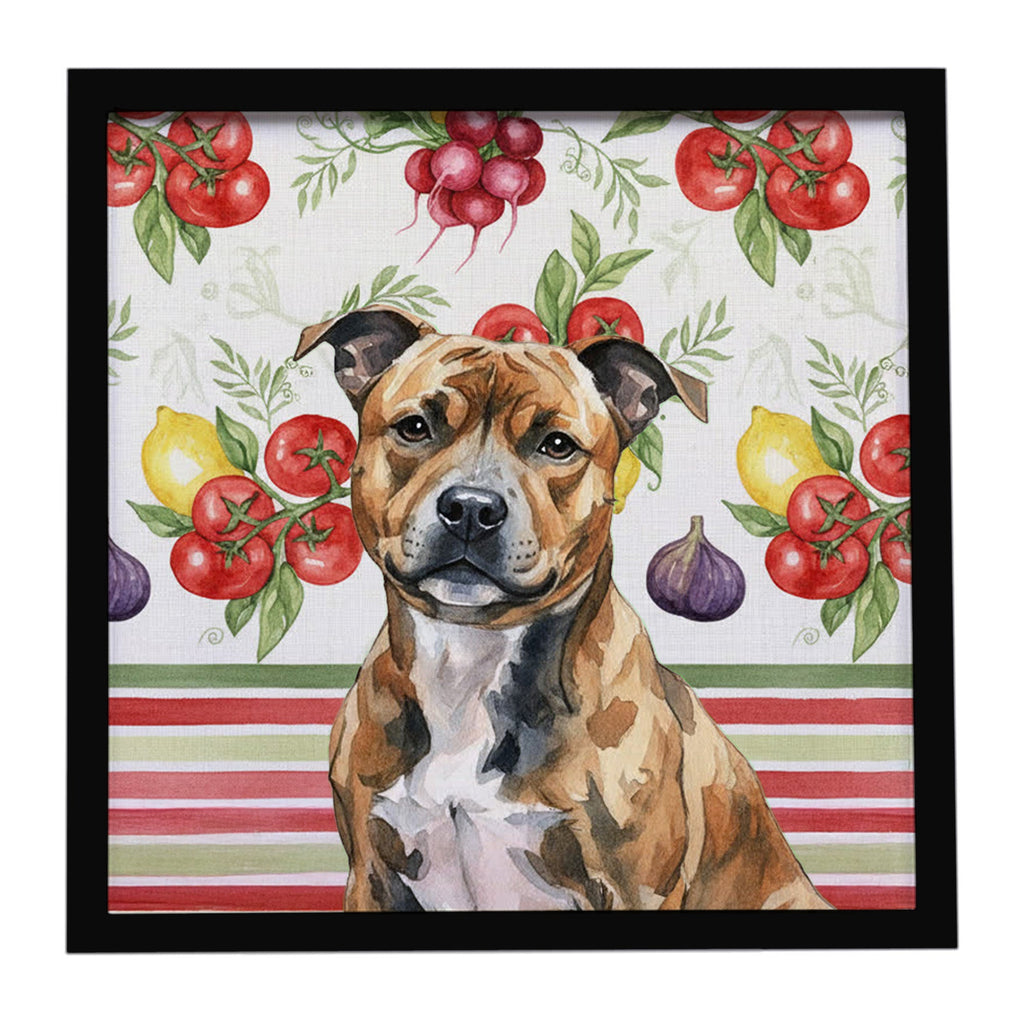 Brindle Staffordshire Bull Terrier Vegetables Framed Metal Print Bathroom, Kitchen, Office, Home Decor Wall Art Ready to Hang, Square, 8X8