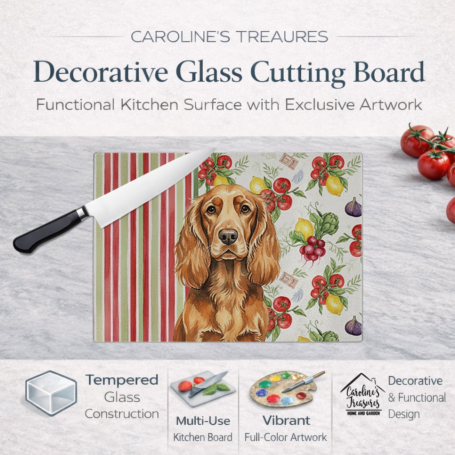 Sussex Spaniel Vegetables Cutting Board Tempered Glass Kitchen Cutting Surface, Heat Resistant Chopping, Non-Slip Feet, Food Prep & Serving
