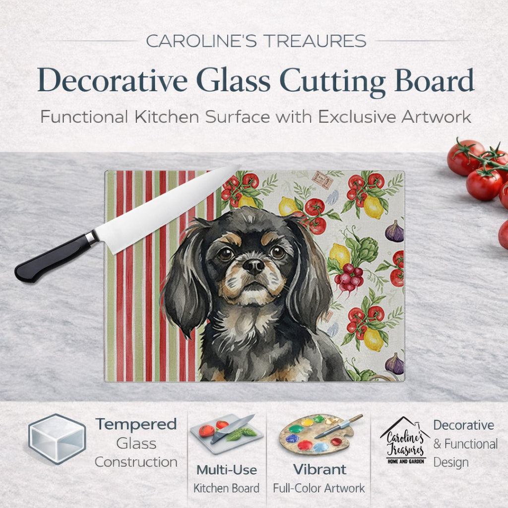 Black and Tan Tibetan Spaniel Vegetables Cutting Board Tempered Glass Kitchen Cutting Surface, Heat Resistant Chopping, Non-Slip Feet, Food Prep & Serving