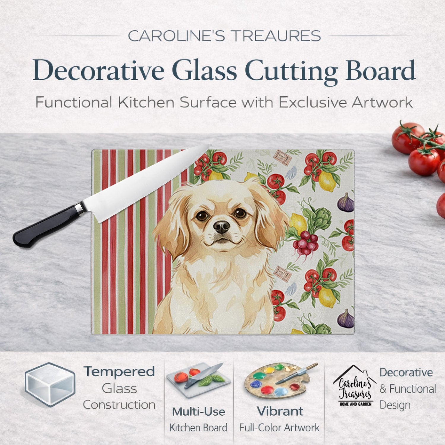 Cream Tibetan Spaniel Vegetables Cutting Board Tempered Glass Kitchen Cutting Surface, Heat Resistant Chopping, Non-Slip Feet, Food Prep & Serving