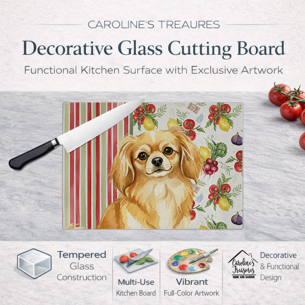 Gold Tibetan Spaniel Vegetables Cutting Board Tempered Glass Kitchen Cutting Surface, Heat Resistant Chopping, Non-Slip Feet, Food Prep & Serving