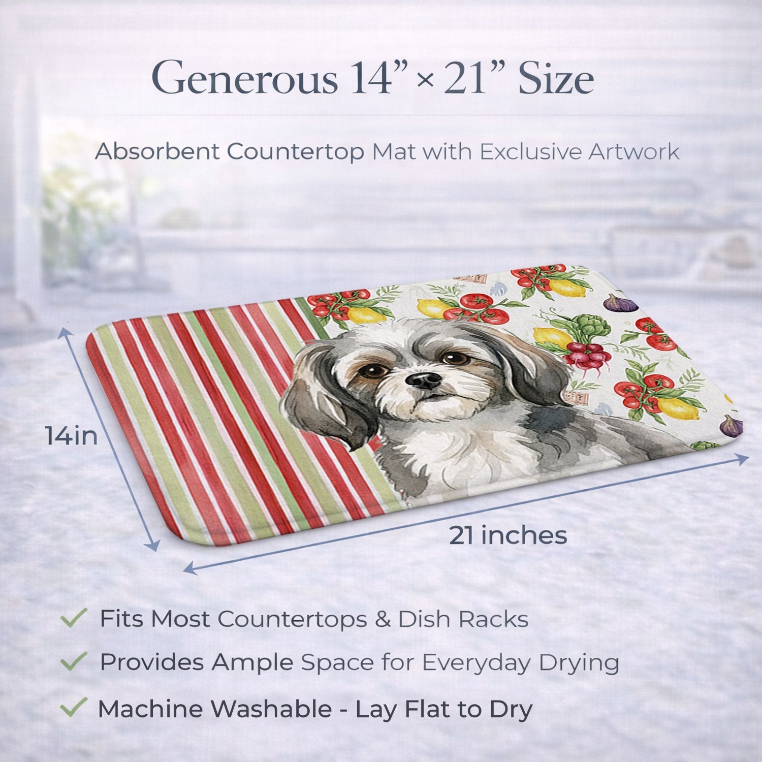 Grey and White Tibetan Spaniel Vegetables Dish Drying Mat Absorbent Dish Drying Mat Pad for Kitchen Counter Dish Drainer Mat for Countertop, 14 x 21", Multicolor