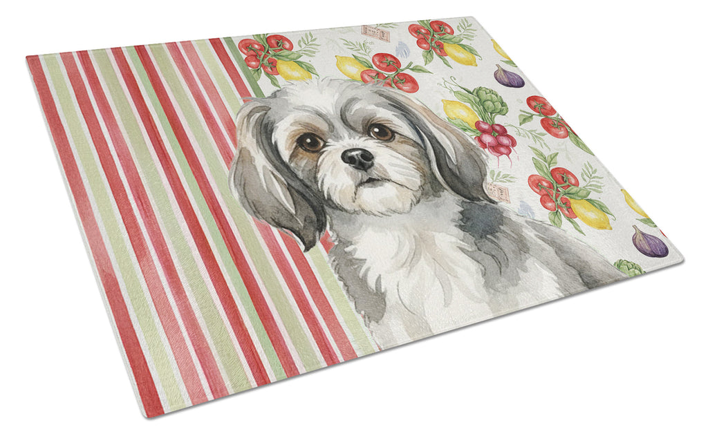 Grey and White Tibetan Spaniel Vegetables Cutting Board Tempered Glass Kitchen Cutting Surface, Heat Resistant Chopping, Non-Slip Feet, Food Prep & Serving