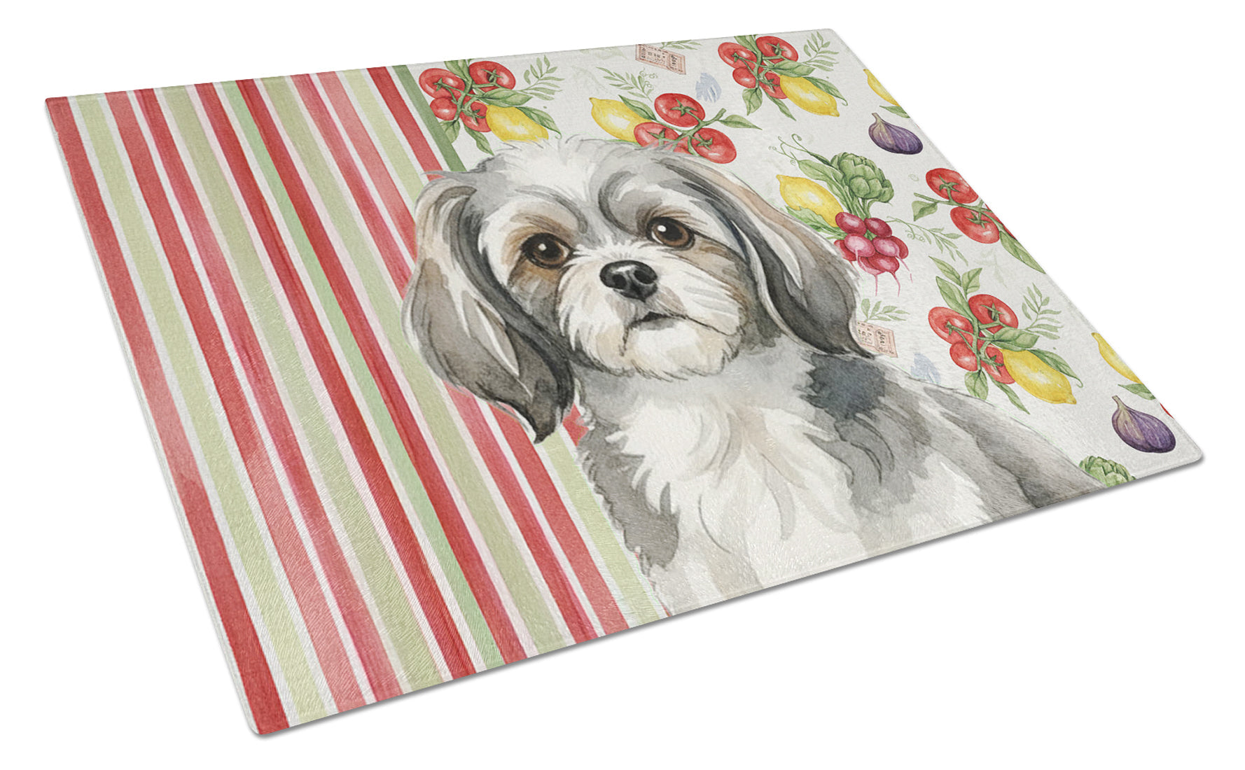 Grey and White Tibetan Spaniel Vegetables Cutting Board Tempered Glass Kitchen Cutting Surface, Heat Resistant Chopping, Non-Slip Feet, Food Prep & Serving