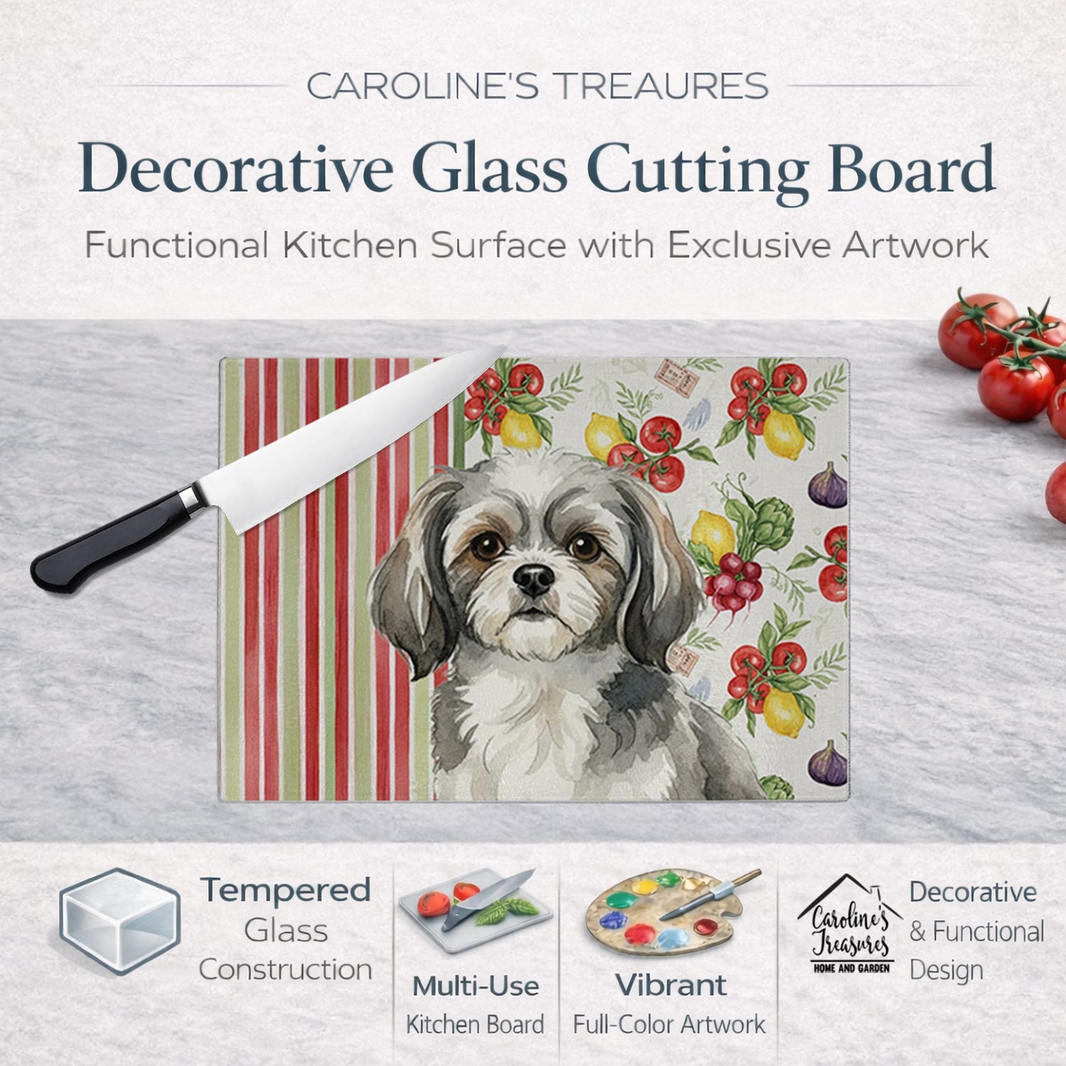 Grey and White Tibetan Spaniel Vegetables Cutting Board Tempered Glass Kitchen Cutting Surface, Heat Resistant Chopping, Non-Slip Feet, Food Prep & Serving