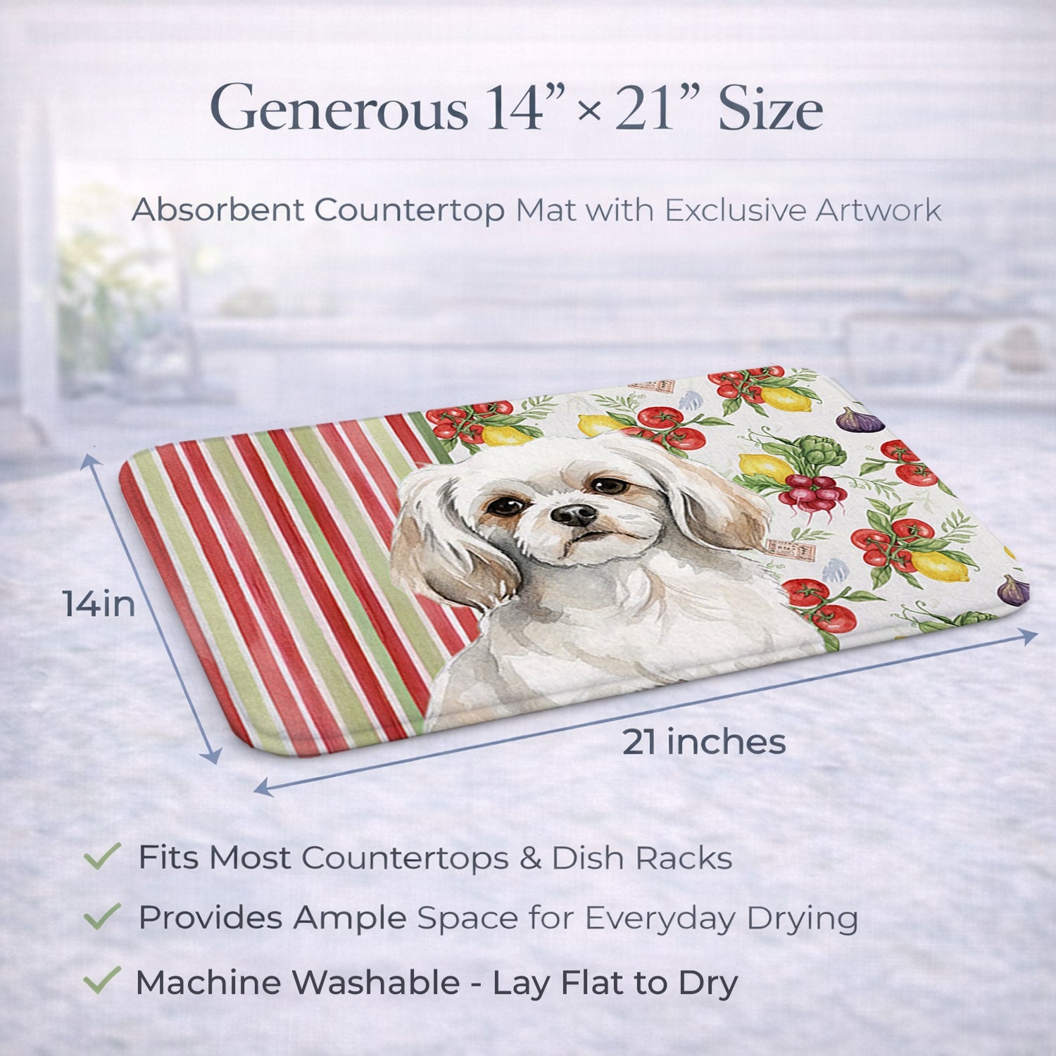 White Tibetan Spaniel Vegetables Dish Drying Mat Absorbent Dish Drying Mat Pad for Kitchen Counter Dish Drainer Mat for Countertop, 14 x 21", Multicolor