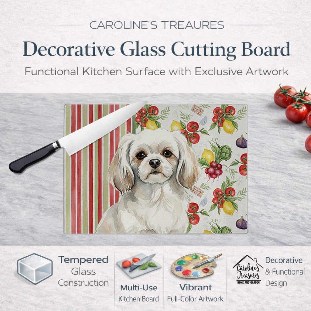 White Tibetan Spaniel Vegetables Cutting Board Tempered Glass Kitchen Cutting Surface, Heat Resistant Chopping, Non-Slip Feet, Food Prep & Serving