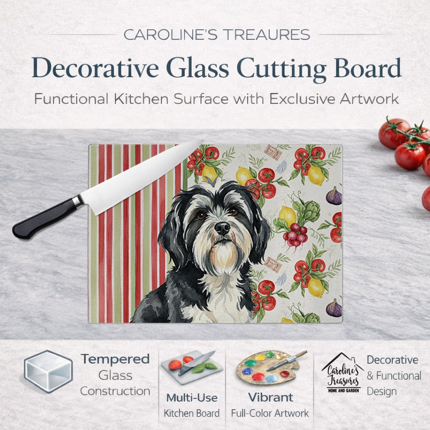 Black and White Tibetan Terrier Vegetables Cutting Board Tempered Glass Kitchen Cutting Surface, Heat Resistant Chopping, Non-Slip Feet, Food Prep & Serving