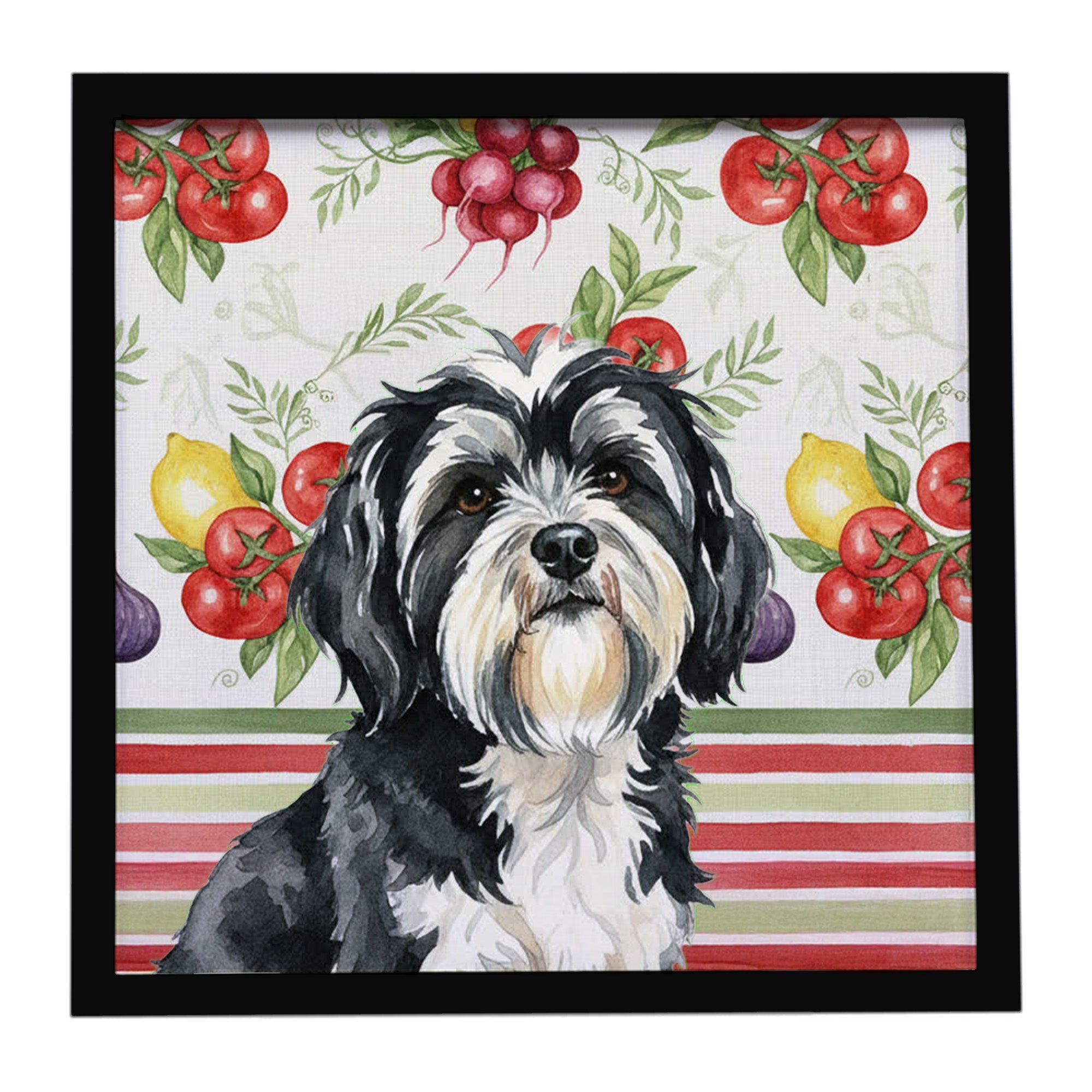 Black and White Tibetan Terrier Vegetables Framed Metal Print Bathroom, Kitchen, Office, Home Decor Wall Art Ready to Hang, Square, 8X8