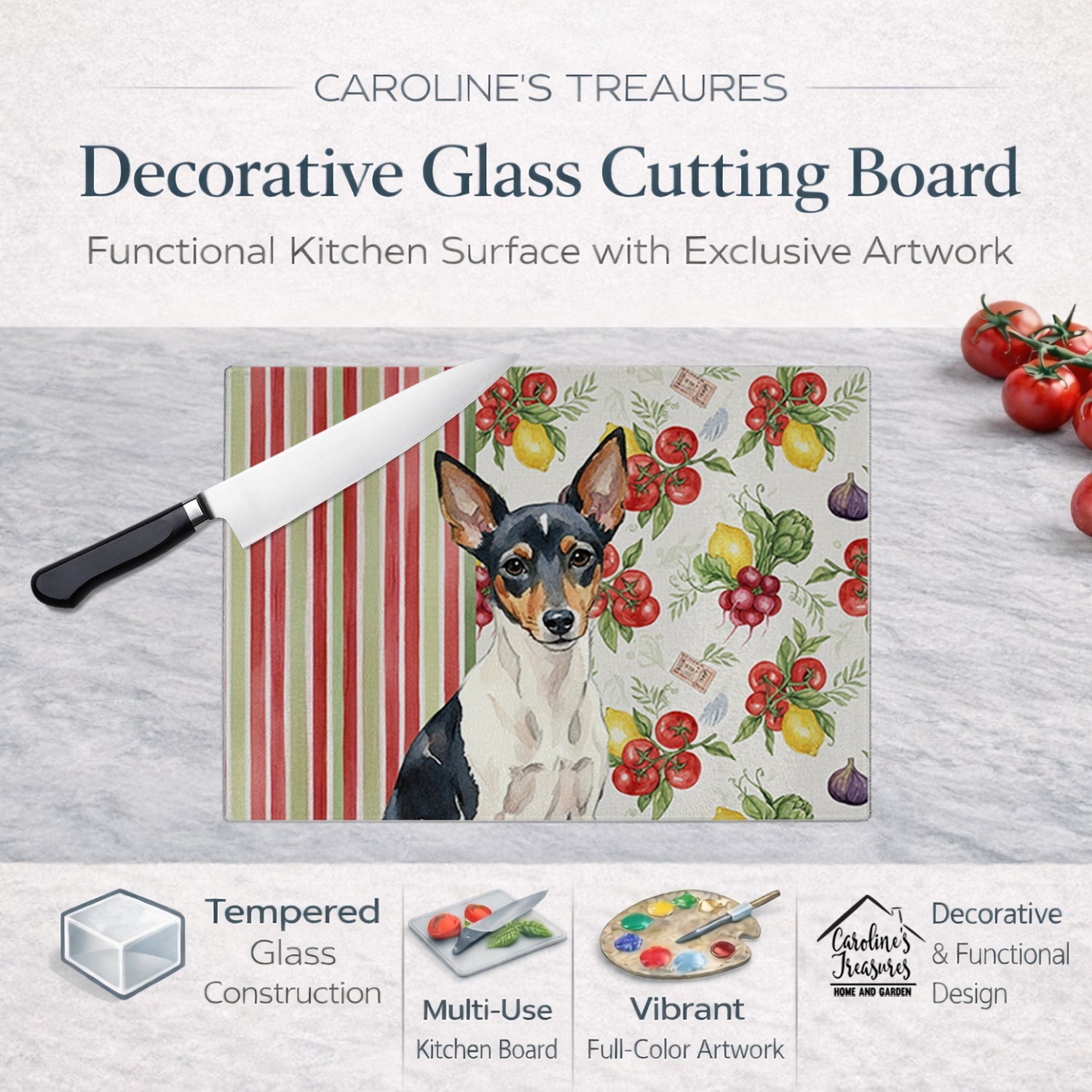 Toy Fox Terrier Vegetables Cutting Board Tempered Glass Kitchen Cutting Surface, Heat Resistant Chopping, Non-Slip Feet, Food Prep & Serving