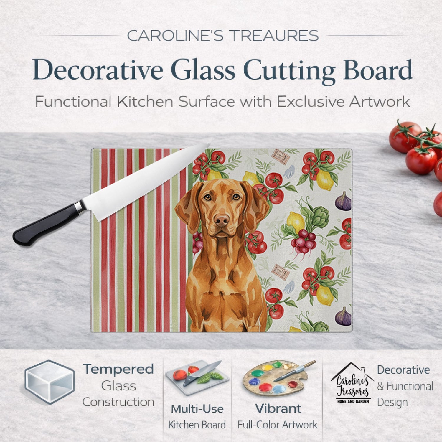 Vizsla Vegetables Cutting Board Tempered Glass Kitchen Cutting Surface, Heat Resistant Chopping, Non-Slip Feet, Food Prep & Serving