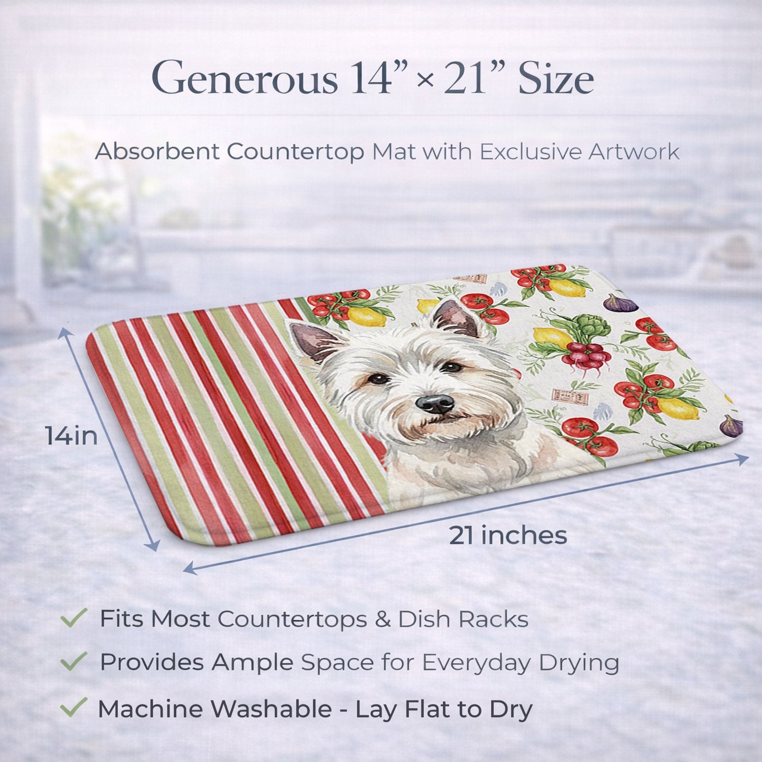 Westie Vegetables Dish Drying Mat Absorbent Dish Drying Mat Pad for Kitchen Counter Dish Drainer Mat for Countertop, 14 x 21", Multicolor