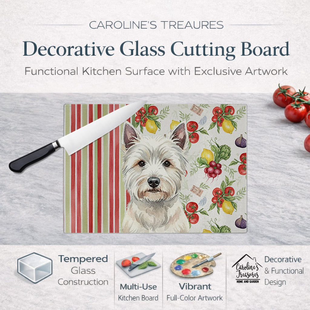 Westie Vegetables Cutting Board Tempered Glass Kitchen Cutting Surface, Heat Resistant Chopping, Non-Slip Feet, Food Prep & Serving