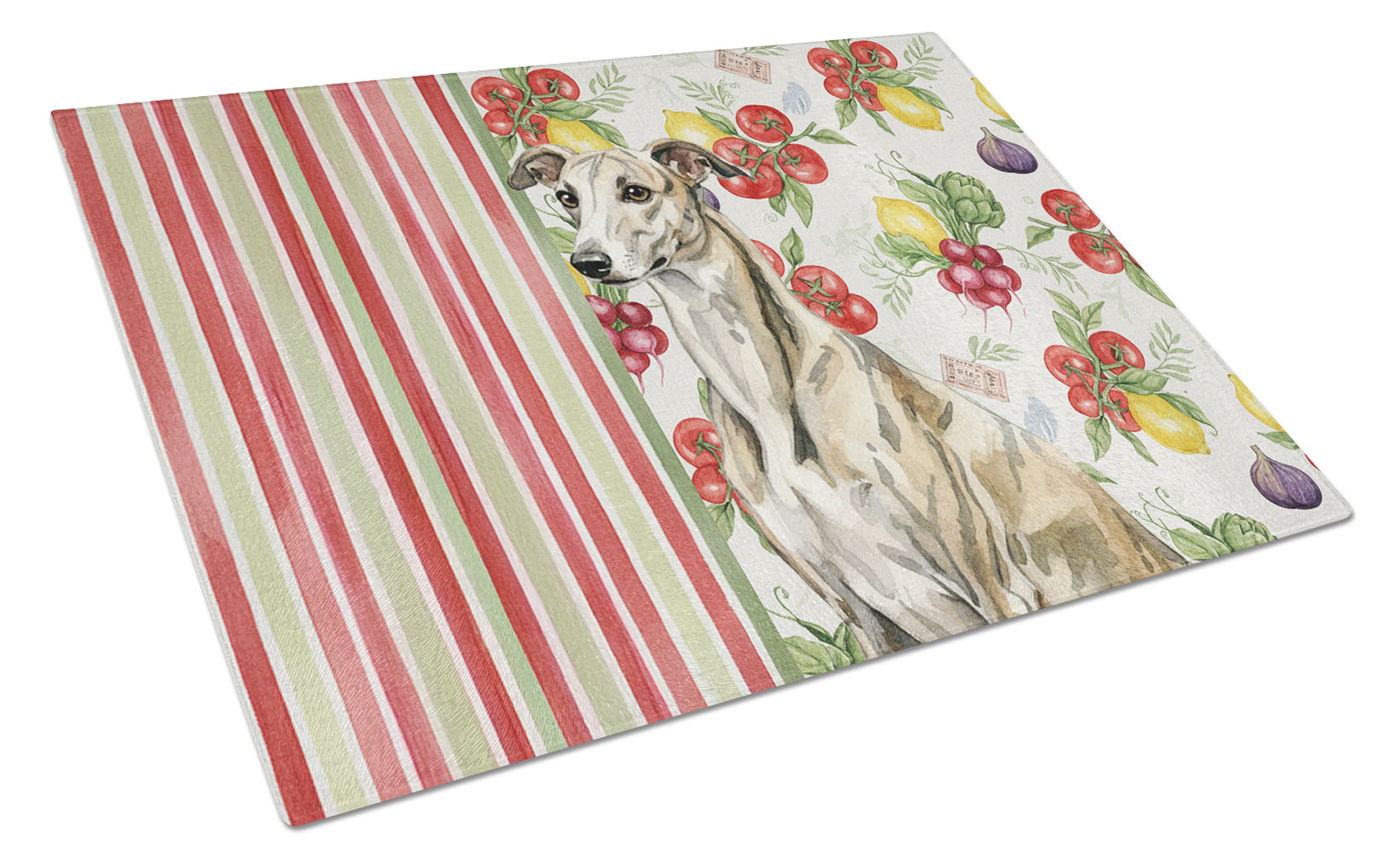 Brindle Whippet Vegetables Cutting Board Tempered Glass Kitchen Cutting Surface, Heat Resistant Chopping, Non-Slip Feet, Food Prep & Serving