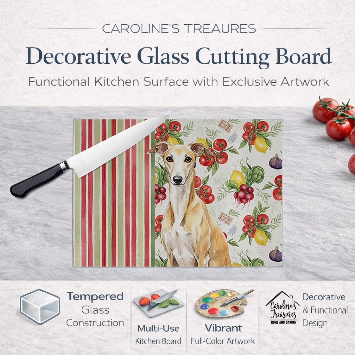 Fawn Whippet Vegetables Cutting Board Tempered Glass Kitchen Cutting Surface, Heat Resistant Chopping, Non-Slip Feet, Food Prep & Serving